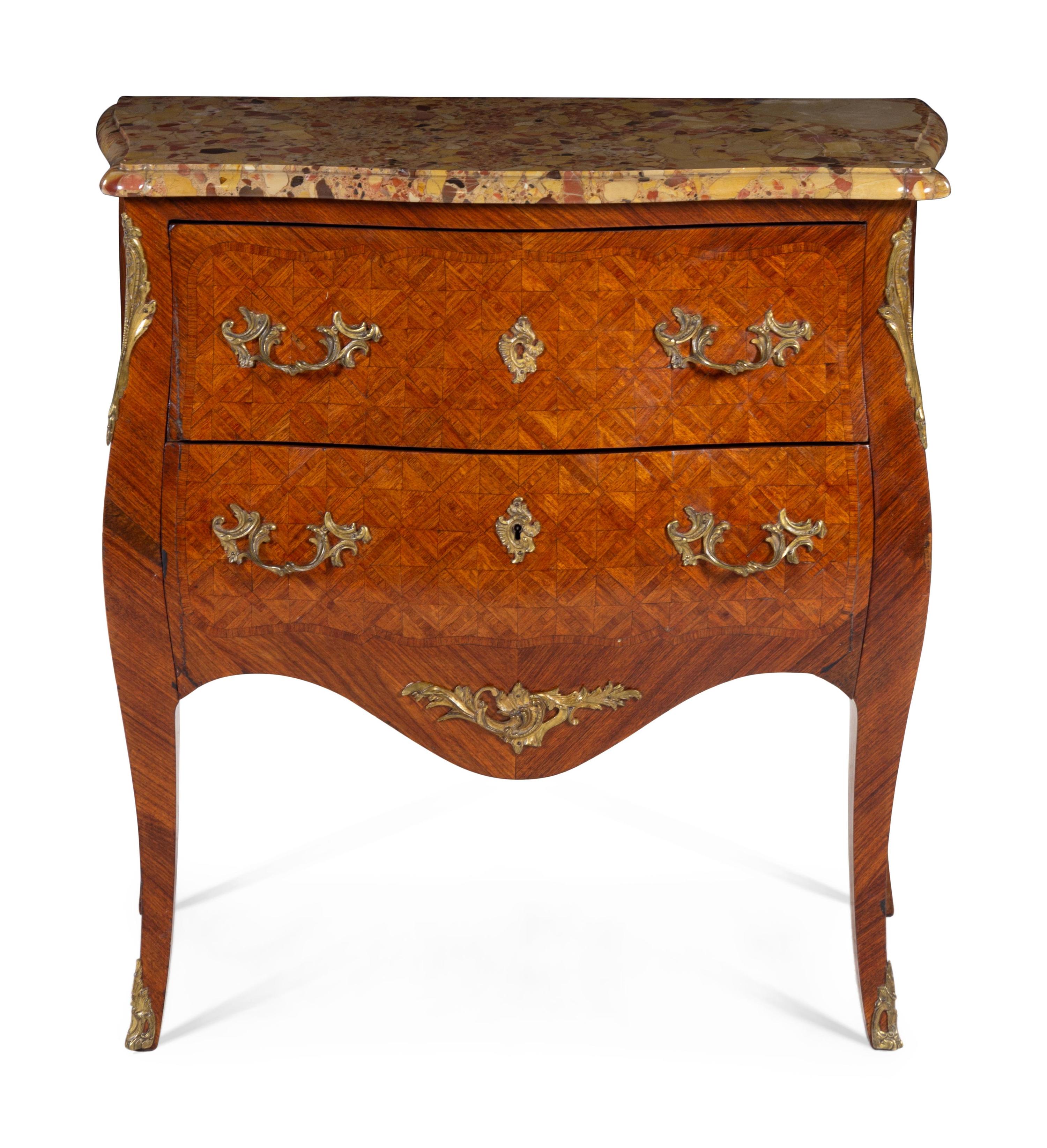 A Louis XV Style Parquetry Marble-Top Commode