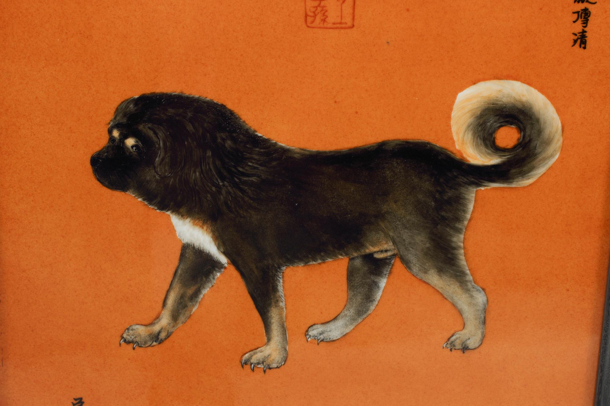A Set of Ten Framed Chinese Porcelain Plaques Depicting the Emperor's Dogs