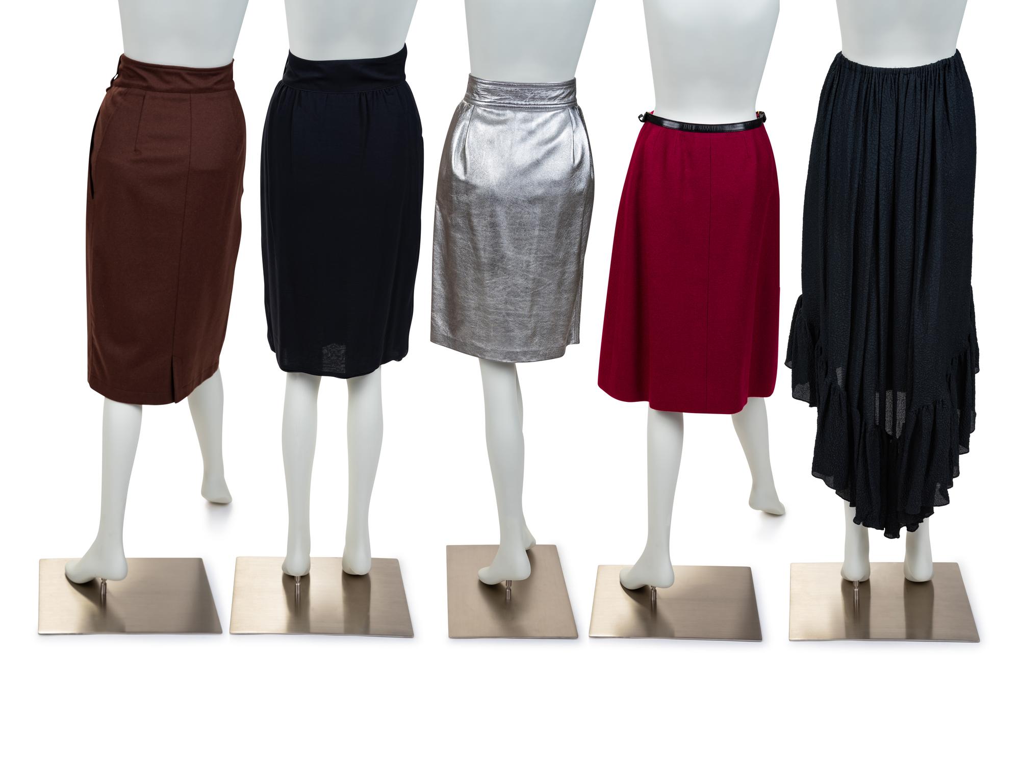 Five Designer Skirts: Hermès, Gucci, Claude Montana, Yves Saint Laurent, Fendi, 1980-90s