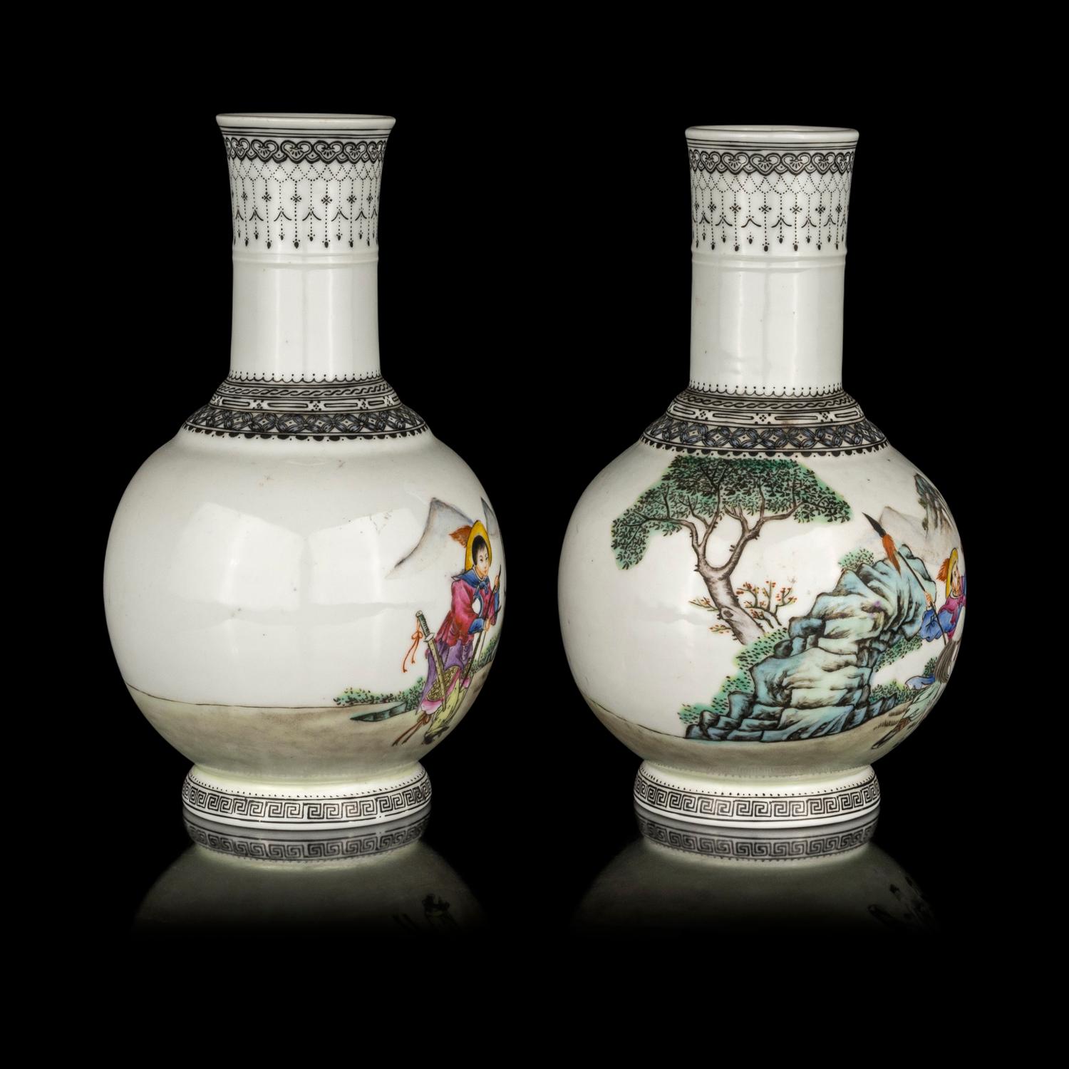 A Pair of Chinese Famille Rose Porcelain Bottle Vases