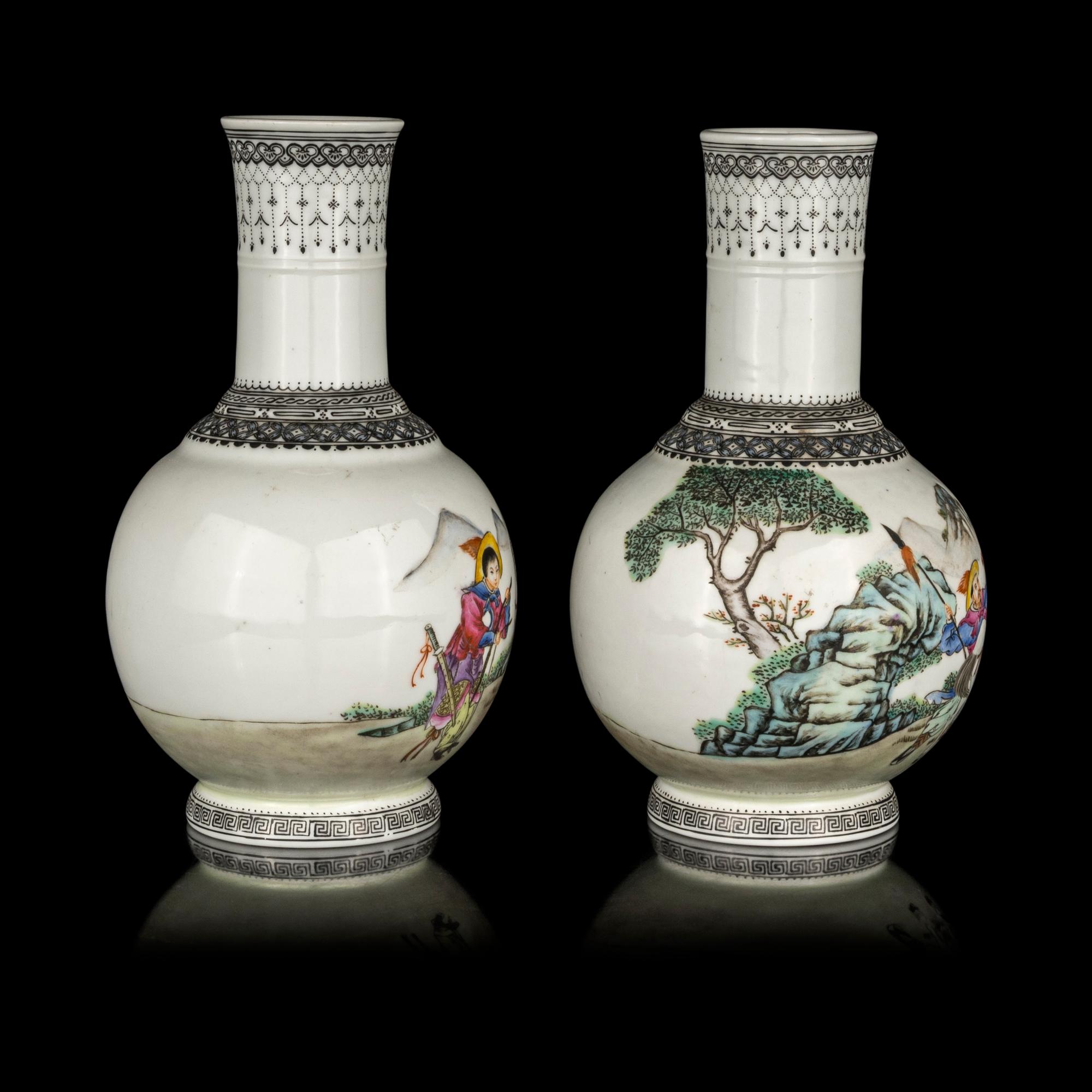 A Pair of Chinese Famille Rose Porcelain Bottle Vases