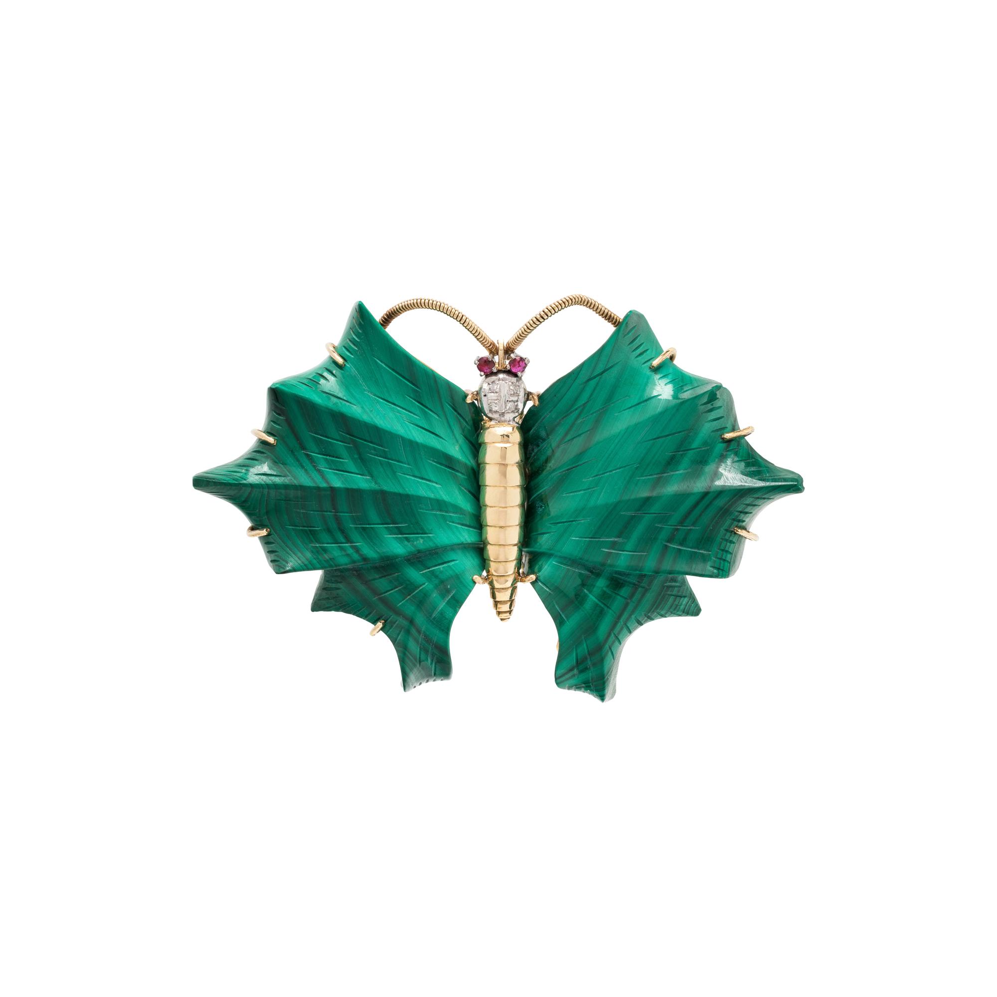 MALACHITE, DIAMOND AND RUBY BUTTERFLY BROOCH
