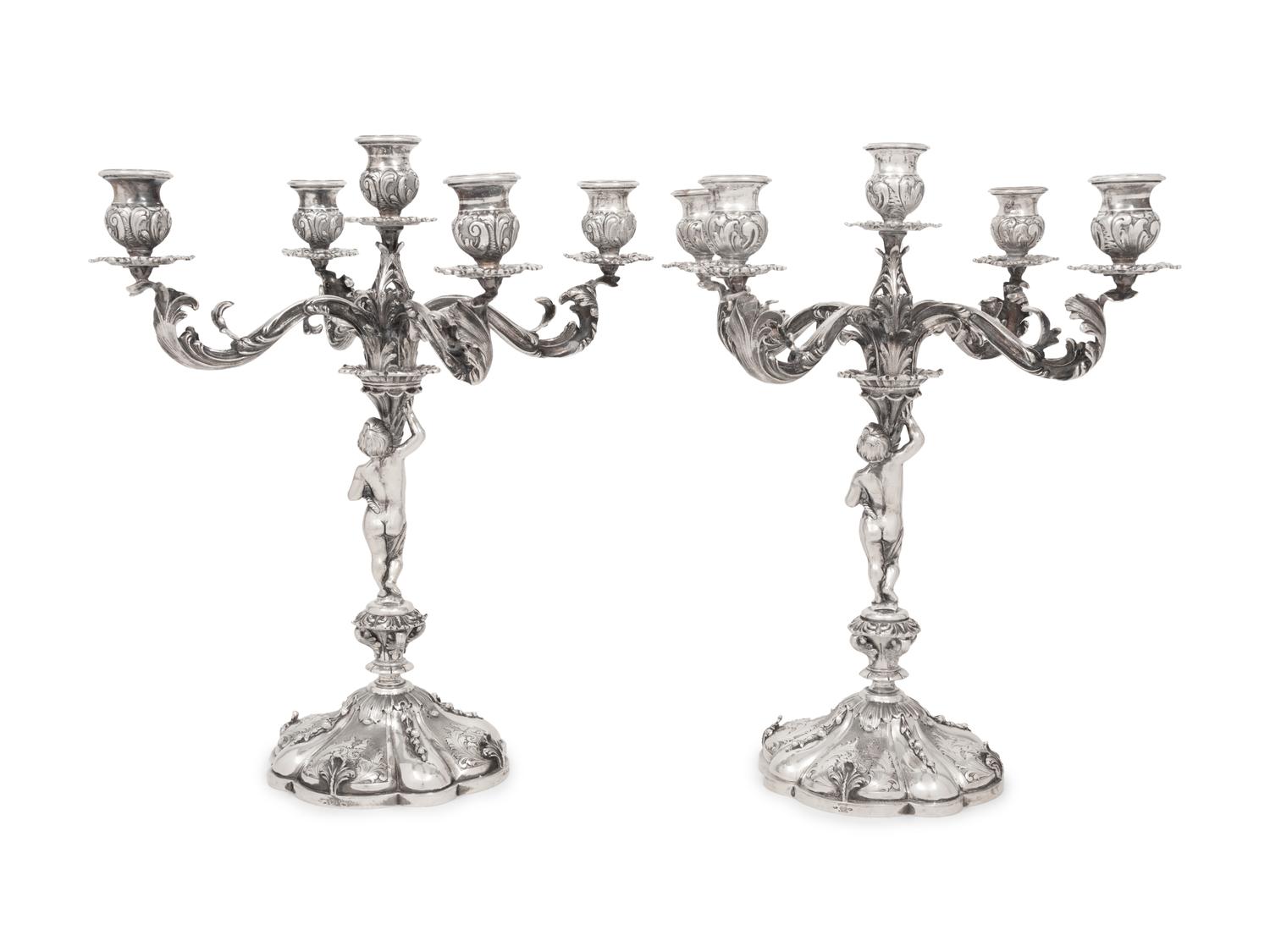 A Pair of Italian Silver Five-Light Candelabra
