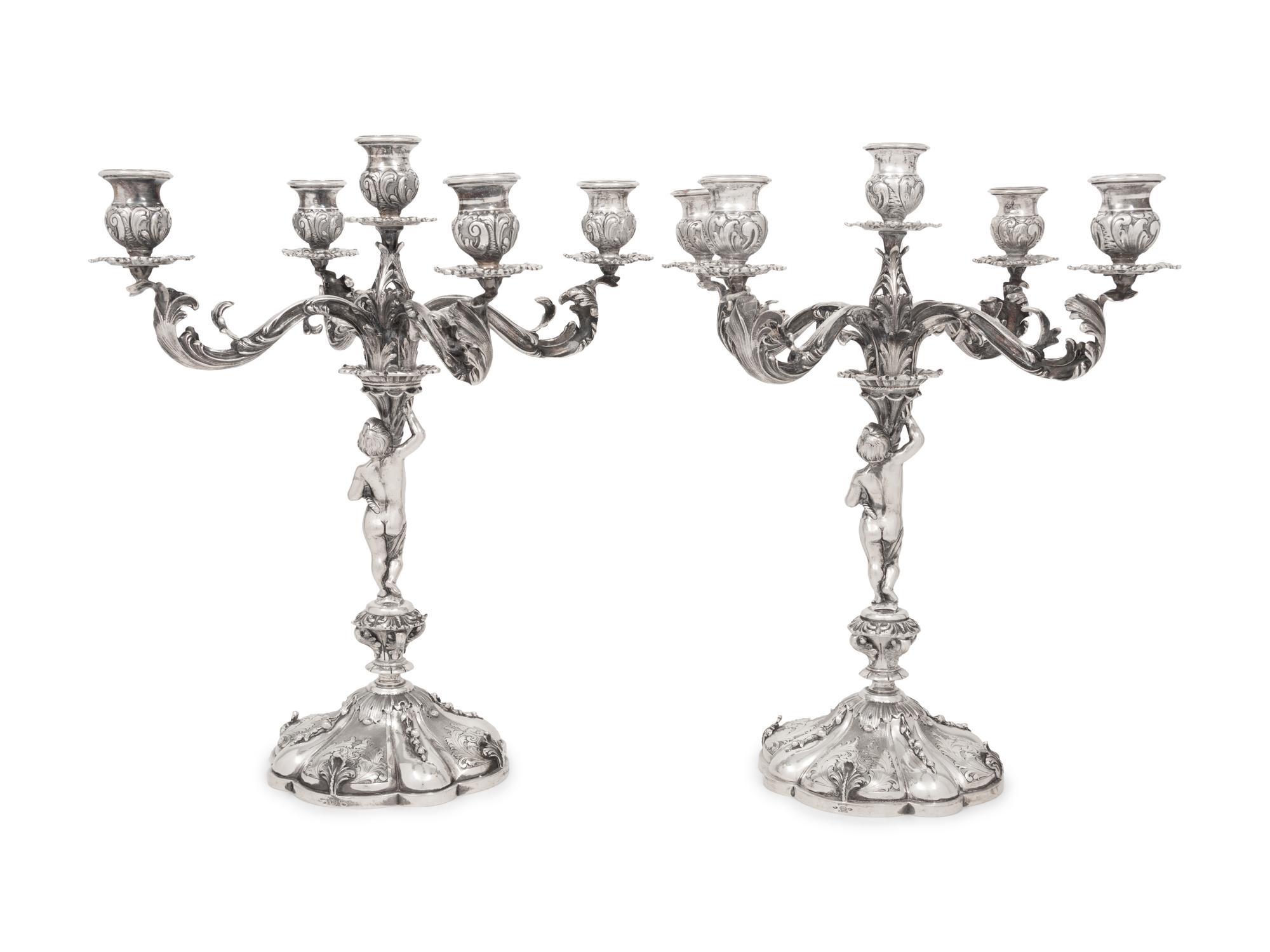 A Pair of Italian Silver Five-Light Candelabra