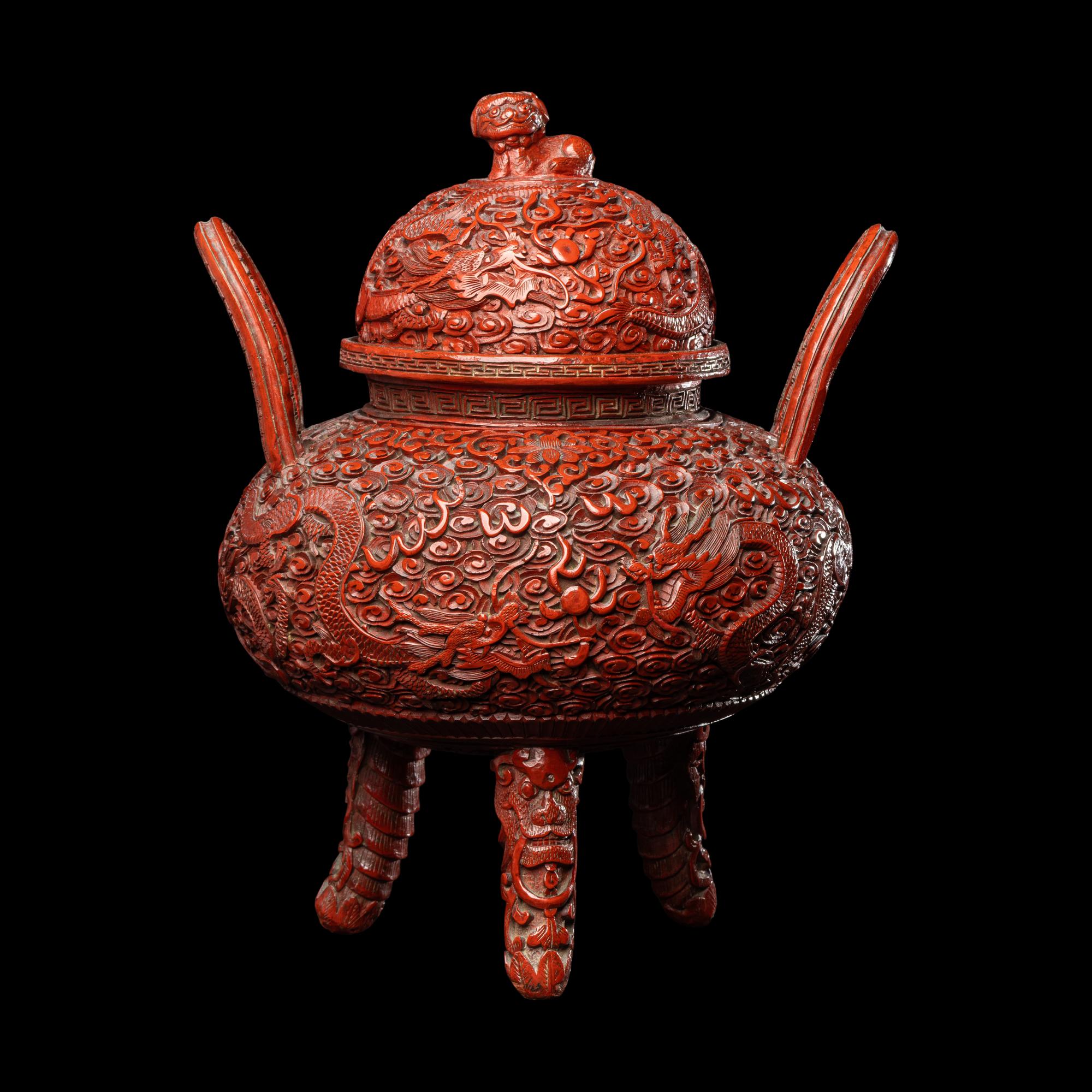 A Chinese Cinnabar Lacquer on Metal Covered Ding Vessel, Late Qing/Republic Period 晚清/民國 銅胎剔紅龍紋鼎