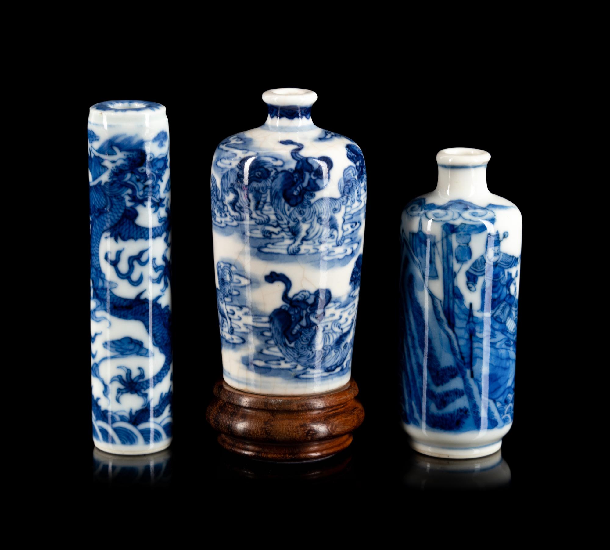 Three Blue and White Porcelain Snuff Bottles