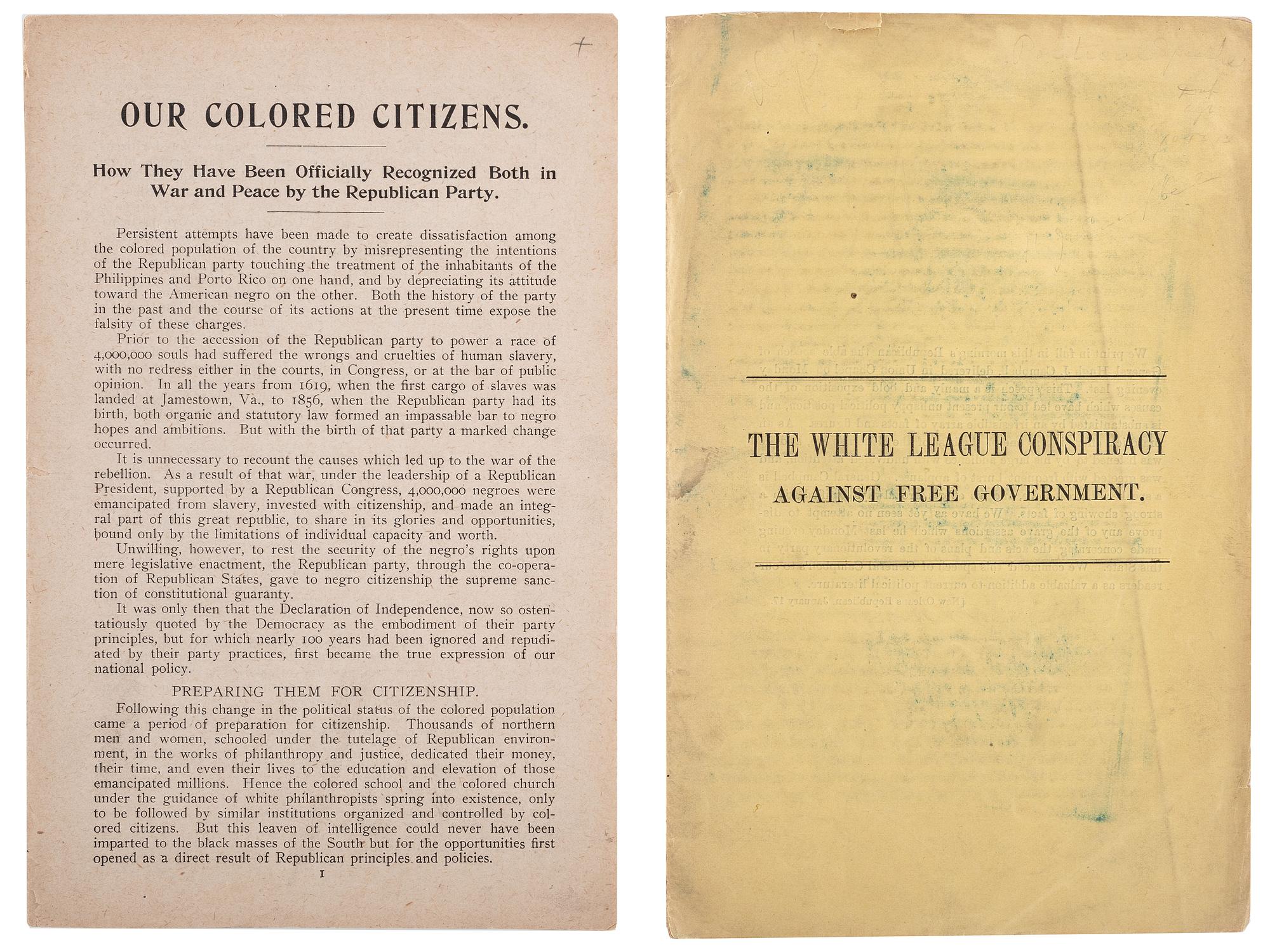 [RECONSTRUCTION - DISENFRANCHISEMENT]. A pair of pamphlets combatting Black disenfranchisement, comprising: