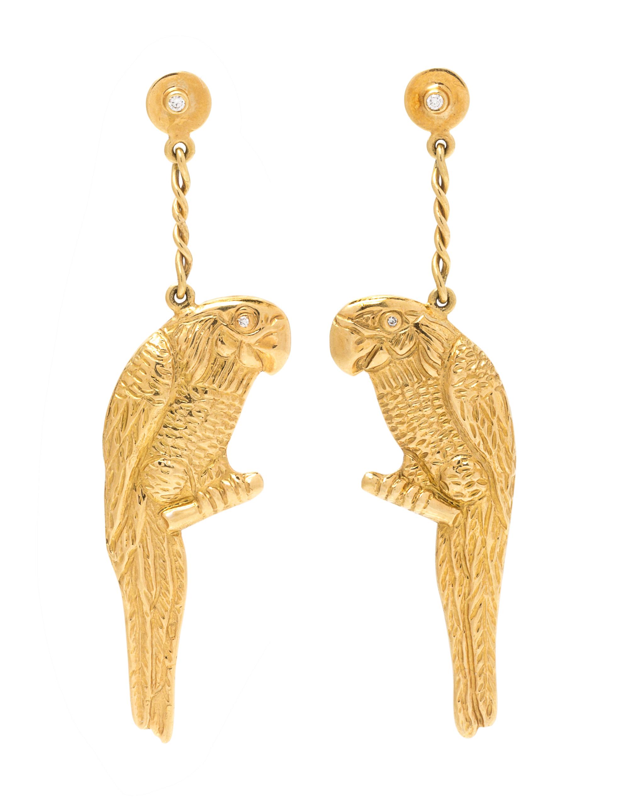 A Pair of Yellow Gold Parrot Motif Earrings, 6.60 dwts.