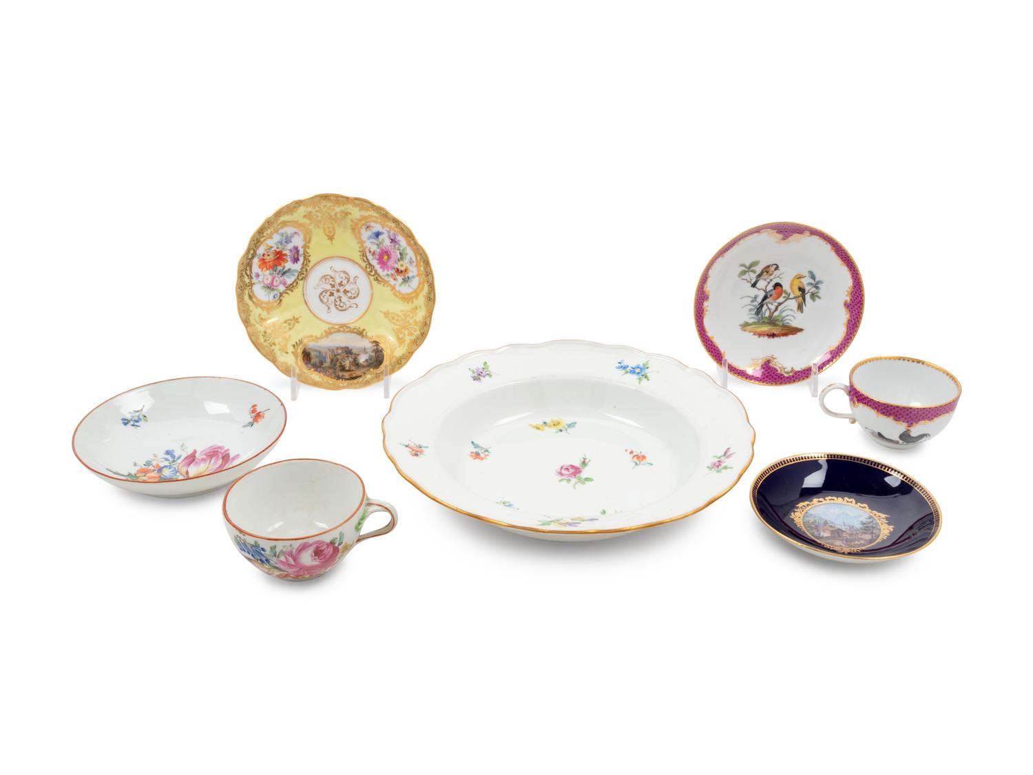 Seven Meissen Painted and Parcel Gilt Porcelain Table Articles