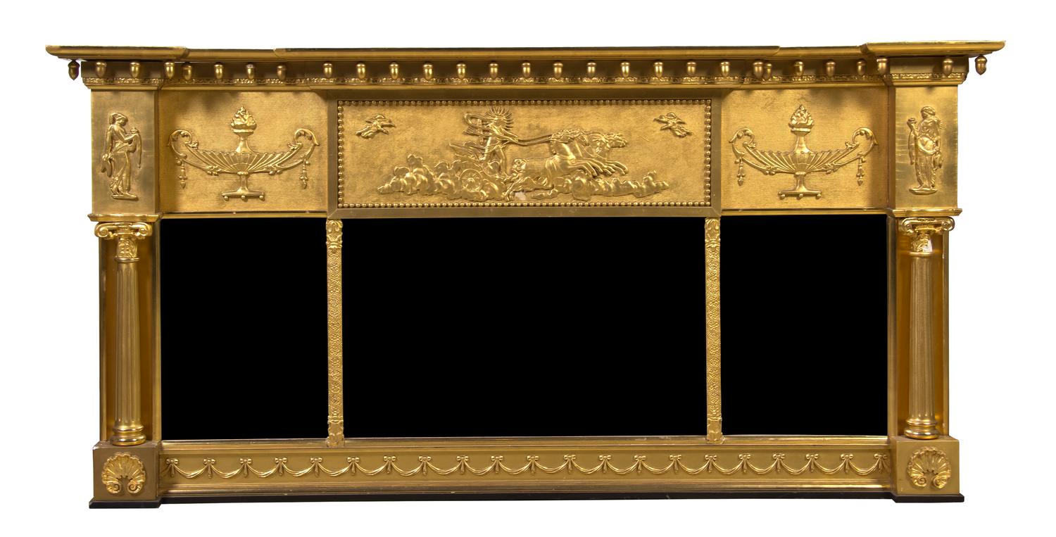 An Adam Style Giltwood Over Mantel Mirror, Height 35 x width 74 inches.
