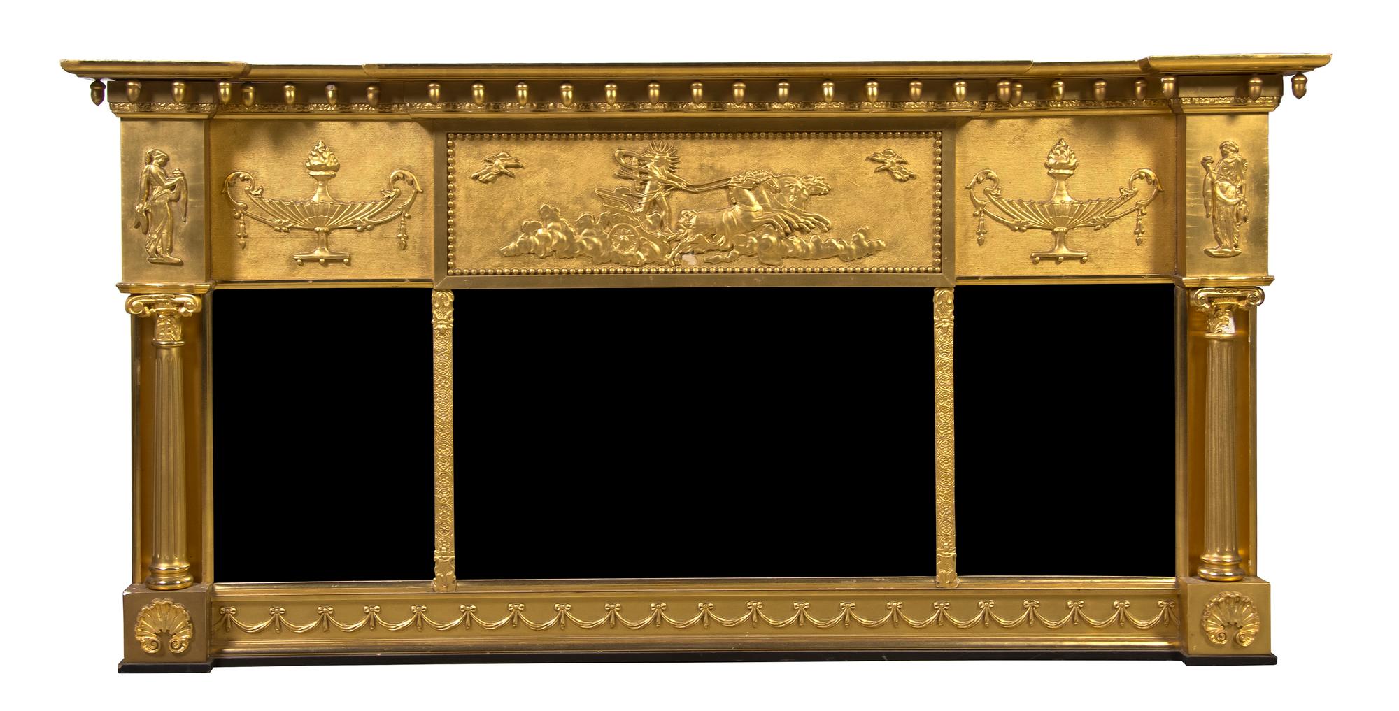 An Adam Style Giltwood Over Mantel Mirror, Height 35 x width 74 inches.