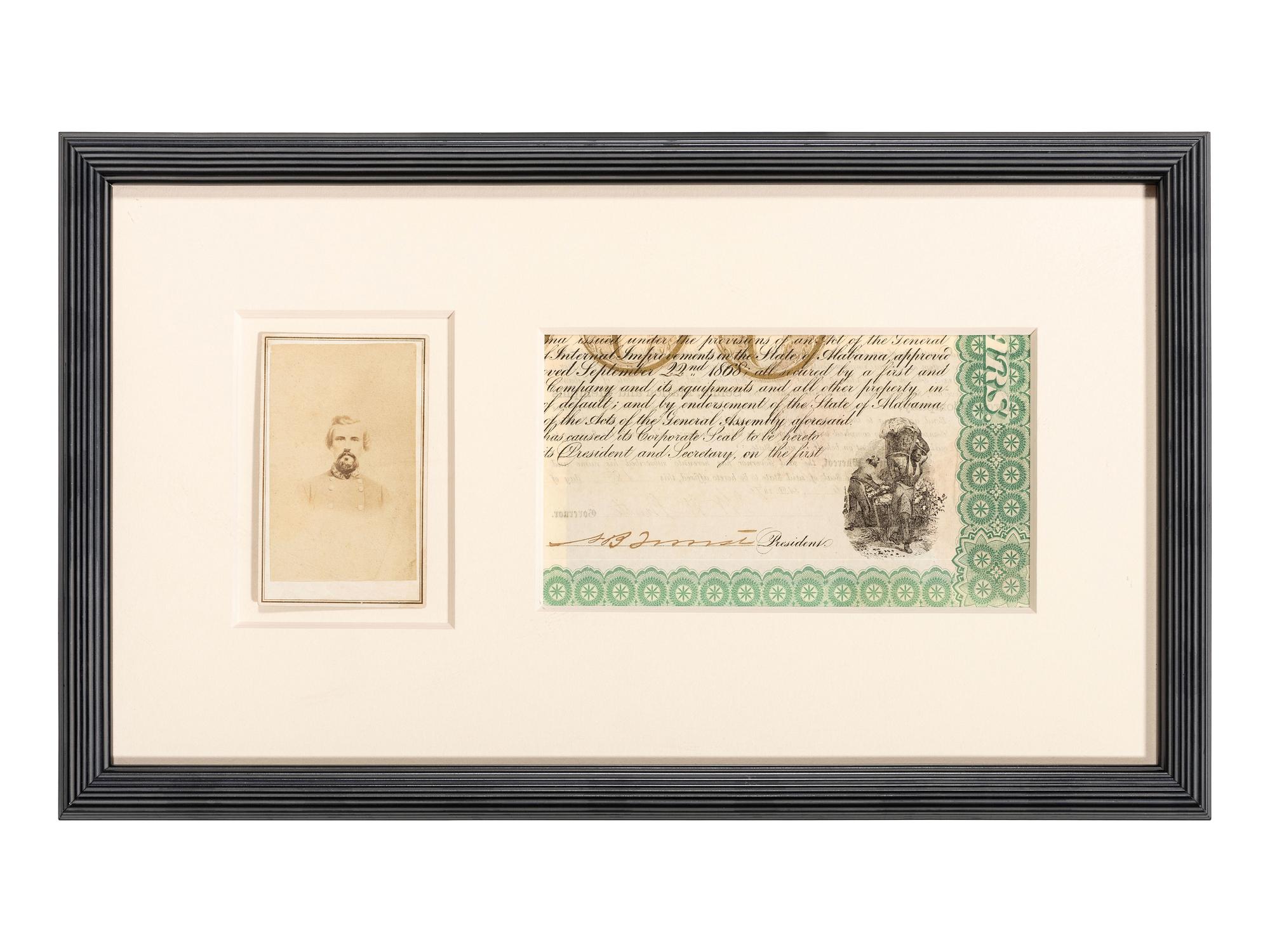 [CIVIL WAR]. FORREST, Nathan Bedford (1821-1877). CDV with unusual Jackson, Tennessee, imprint and partial document signed by Nathan Bedford Forrest.