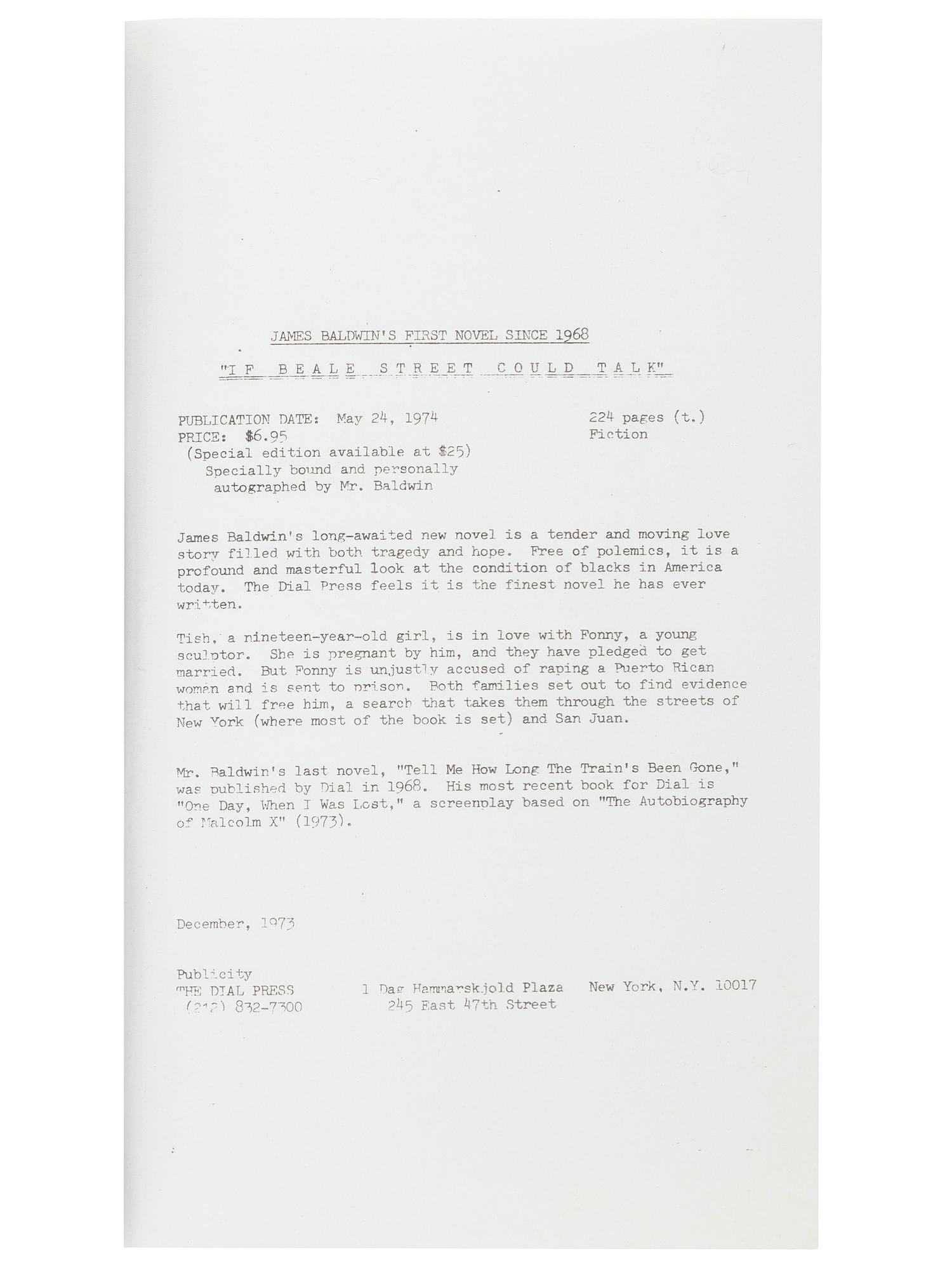 BALDWIN, James (1924-1987). If Beale Street Could Talk. Uncorrected Galleys. New York: The Dial Press, 1974.