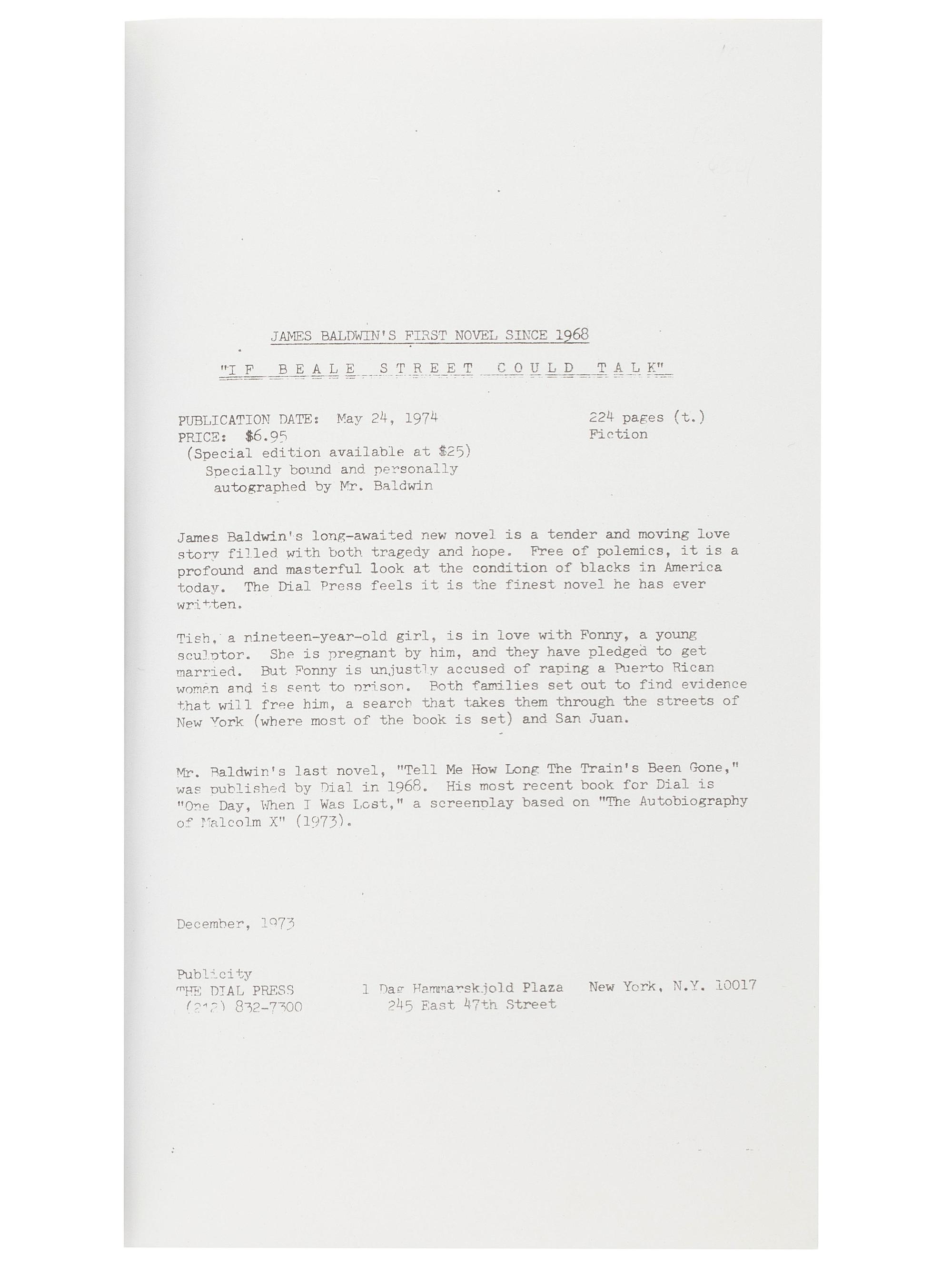 BALDWIN, James (1924-1987). If Beale Street Could Talk. Uncorrected Galleys. New York: The Dial Press, 1974.