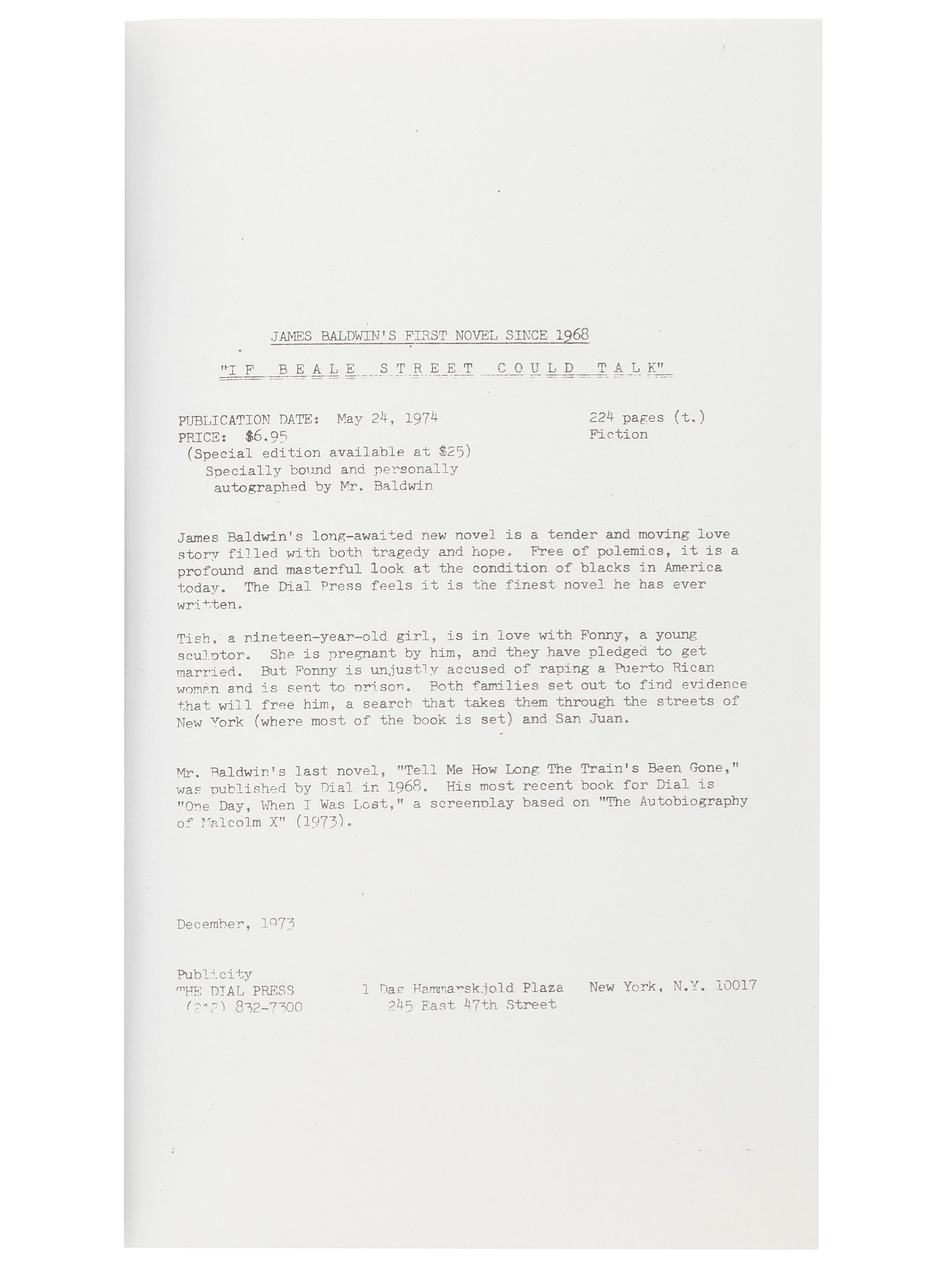 BALDWIN, James (1924-1987). If Beale Street Could Talk. Uncorrected Galleys. New York: The Dial Press, 1974.