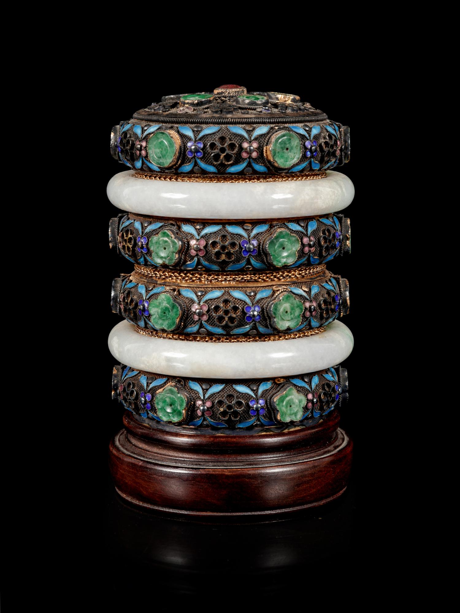 A Jadeite and Hardstone Inset Enameled Jewelry Box and Cover