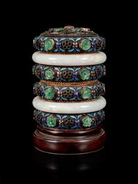 A Jadeite and Hardstone Inset Enameled Jewelry Box and Cover