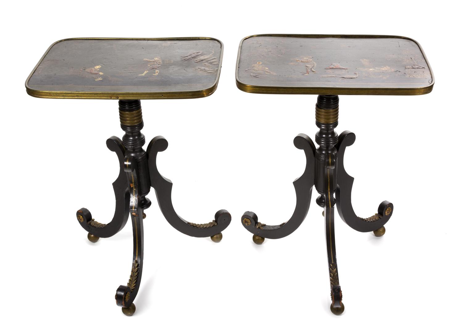 A Pair of Regency Green and Polychrome-Japanned Occasional Tables Height 24 3/4 x width 18 1/2 inches. — EARLY 19TH CENTURY