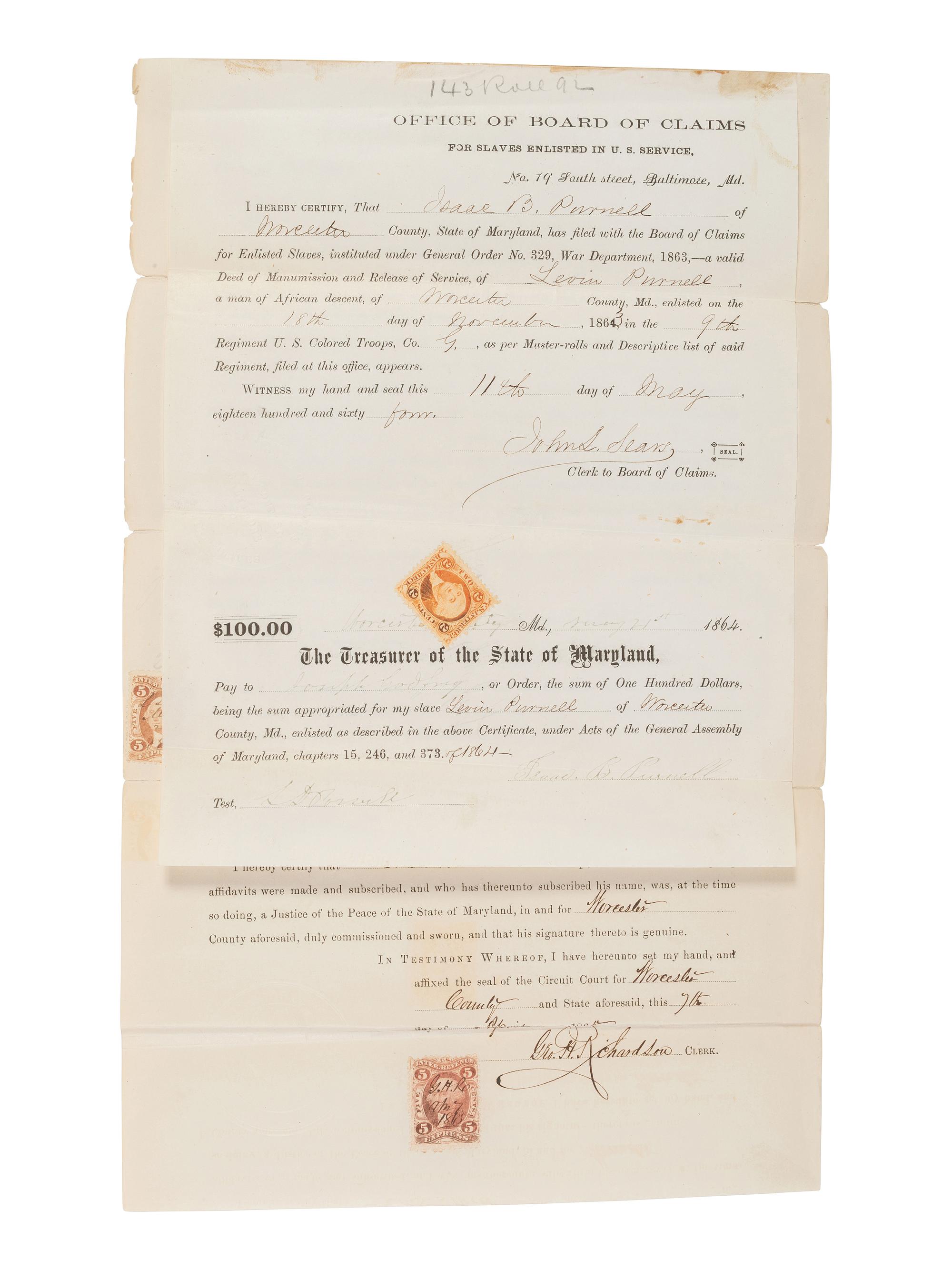 [ENSLAVEMENT & ABOLITION]. Maryland deed of manumission for Levin Purnell, an enslaved man who enlisted in the 9th United States Colored Troops. 1864.