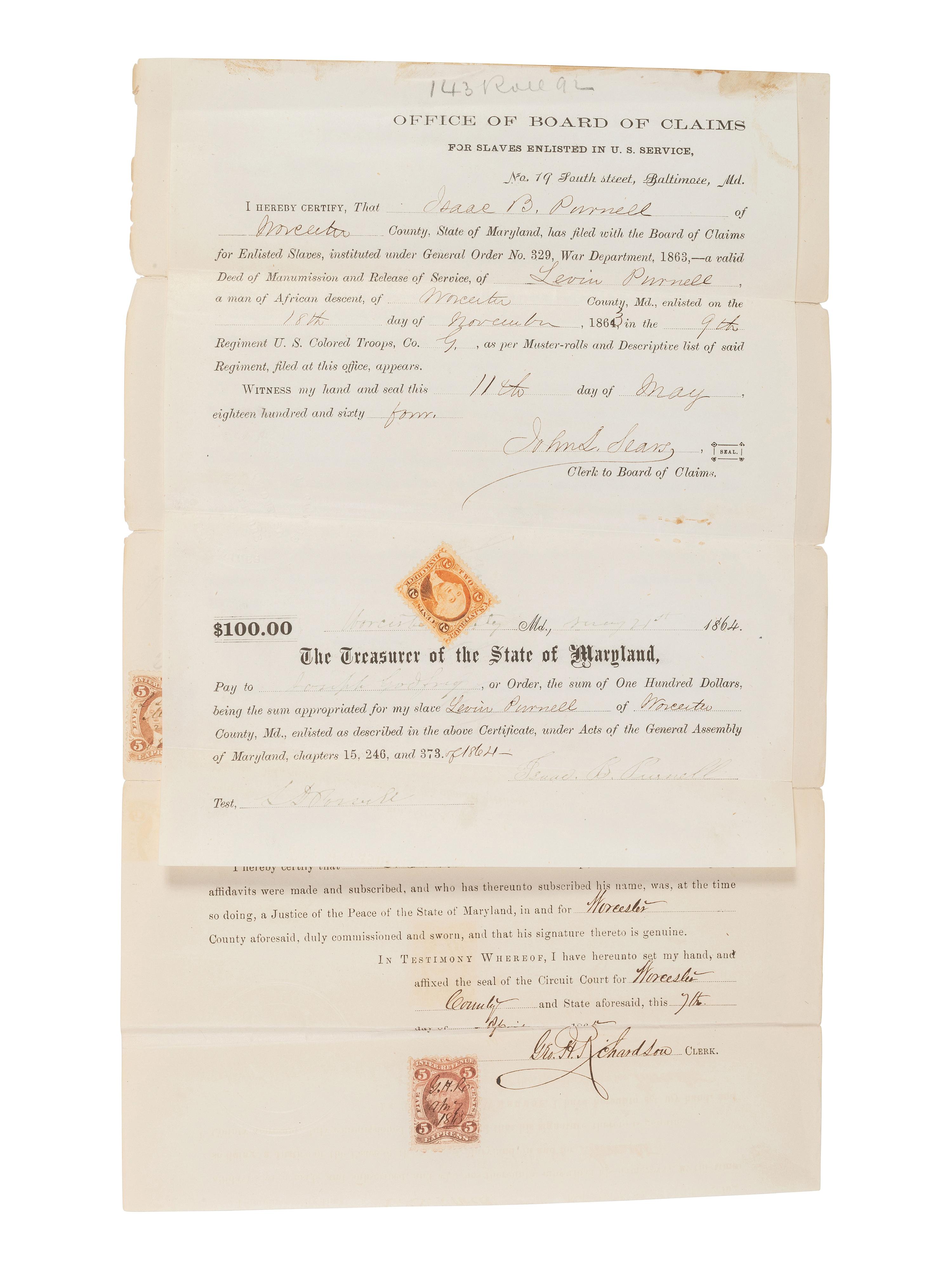 [ENSLAVEMENT & ABOLITION]. Maryland deed of manumission for Levin Purnell, an enslaved man who enlisted in the 9th United States Colored Troops. 1864.