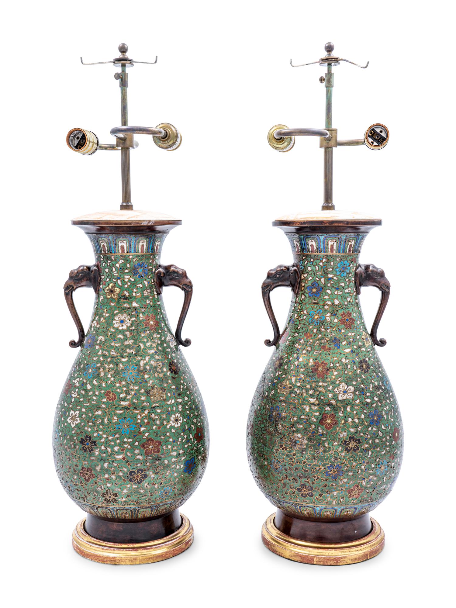 A Pair of Japanese Cloisonné Vases Mounted as Lamps