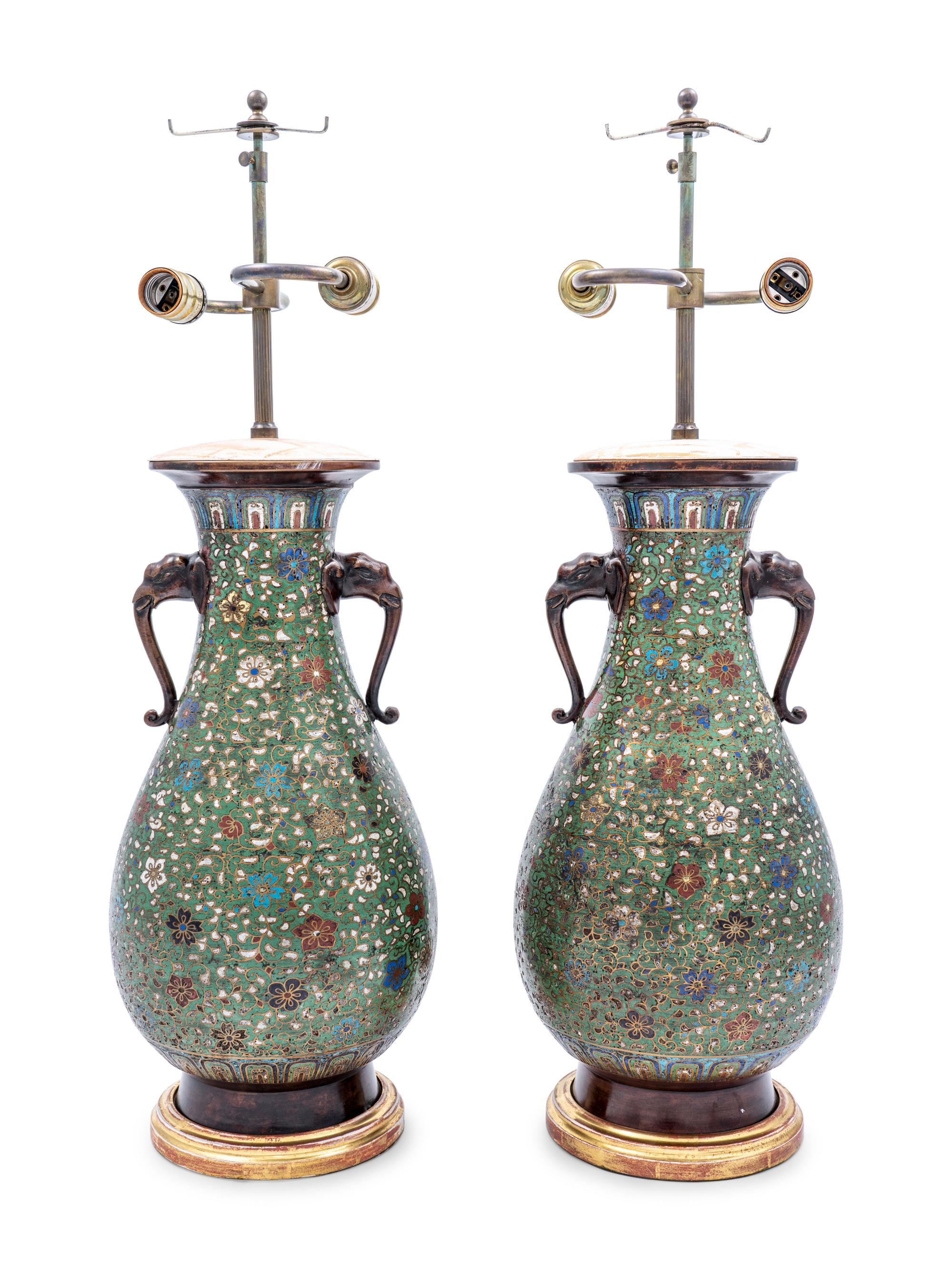 A Pair of Japanese Cloisonné Vases Mounted as Lamps
