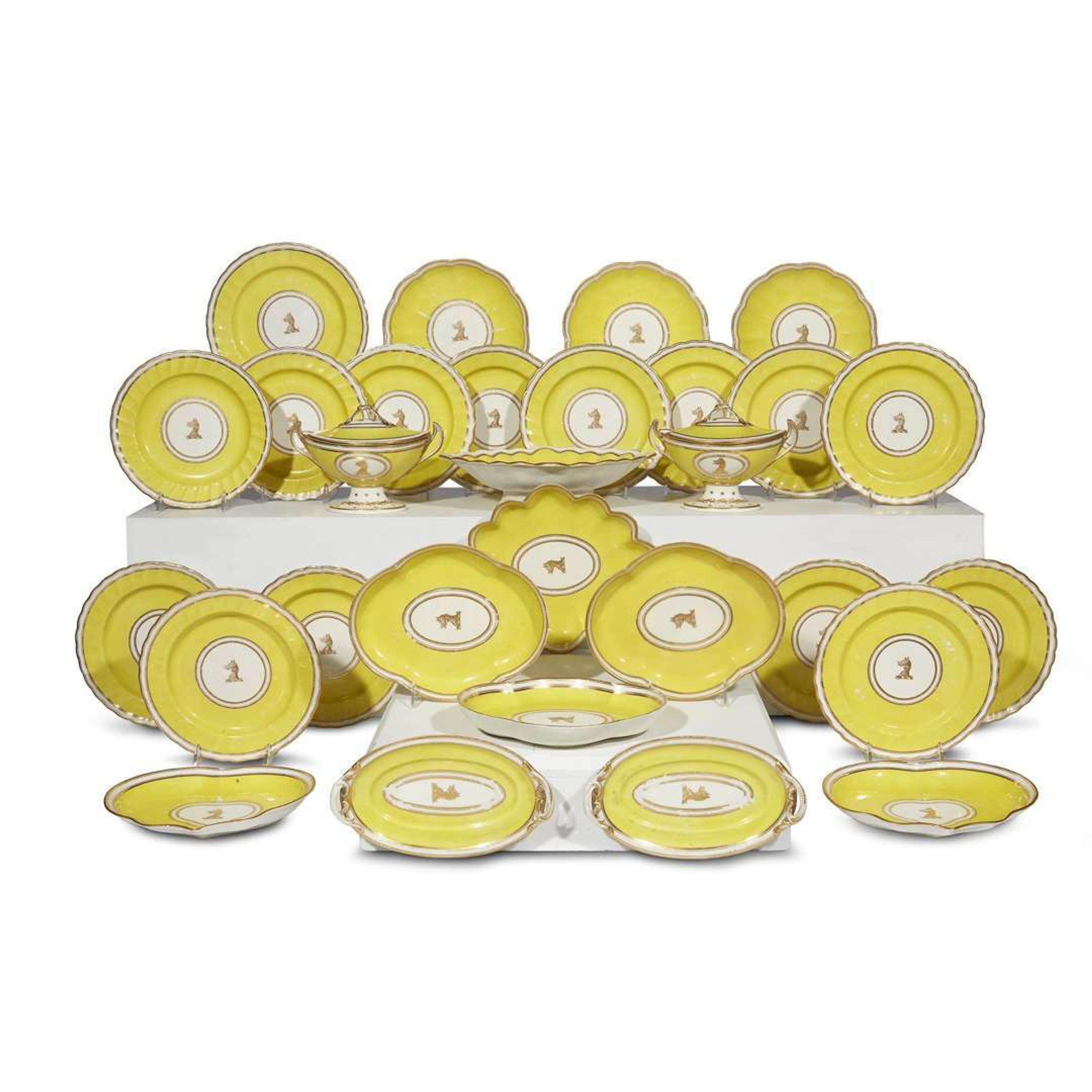 A Derby parcel-gilt yellow ground heraldic porcelain part luncheon service circa 1800-1815