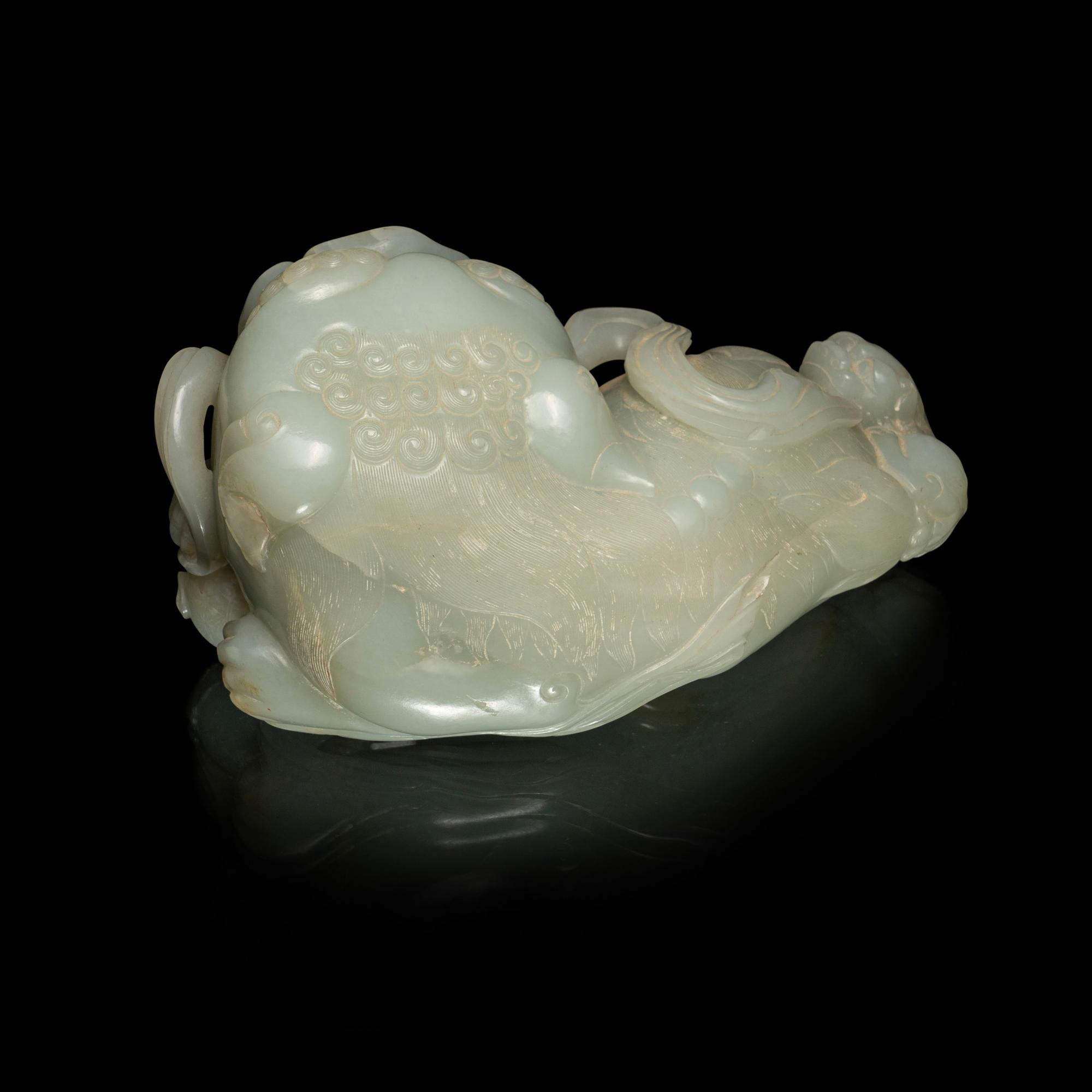 A Large Pale Celadon Jade Figure of a Fu Lion and Cub