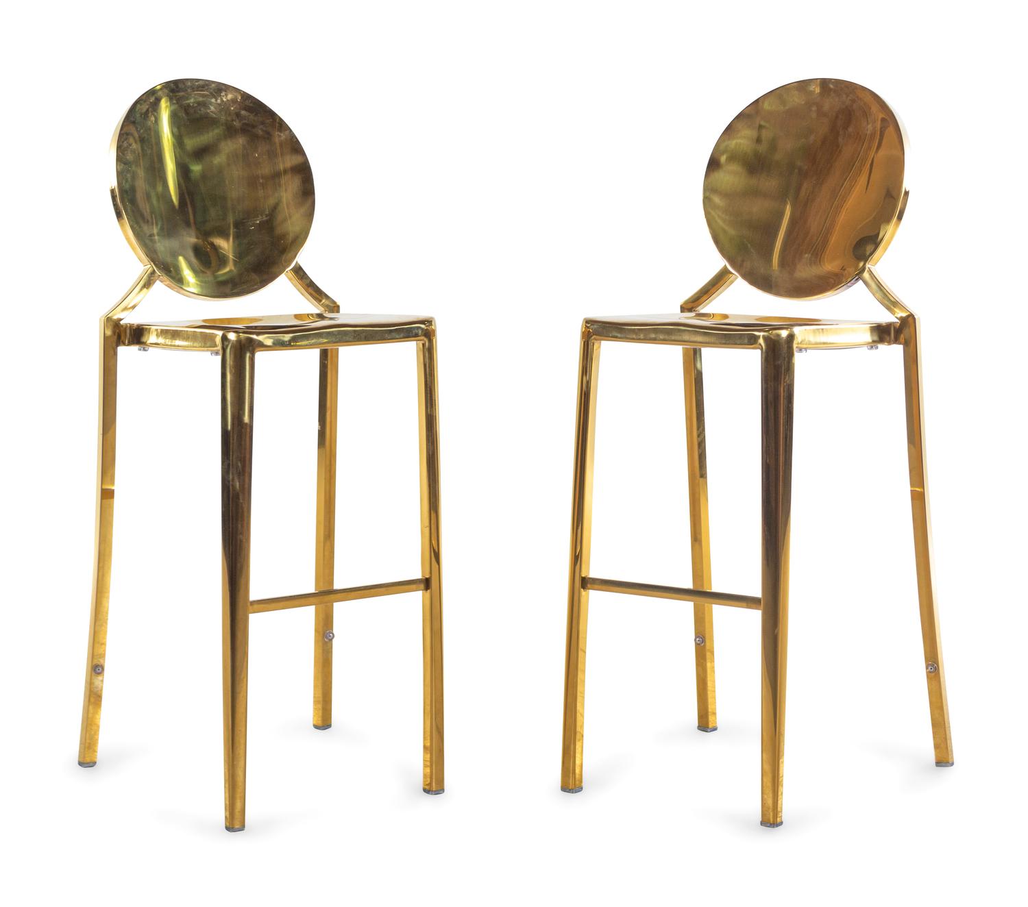 A Pair of Gilt Decorated Steel Eclipse Bar Stools
