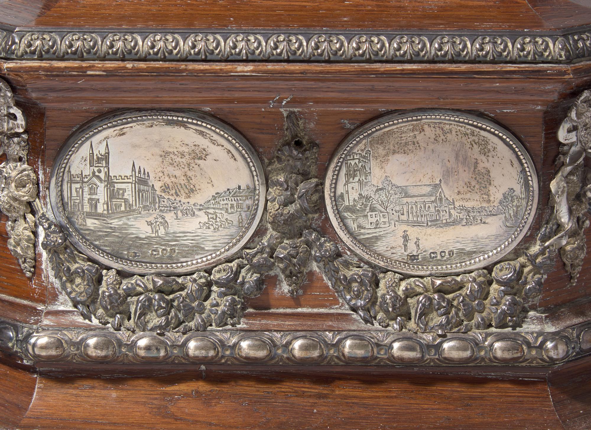 An English Engraved Silver-Mounted Presentation Tea Caddy