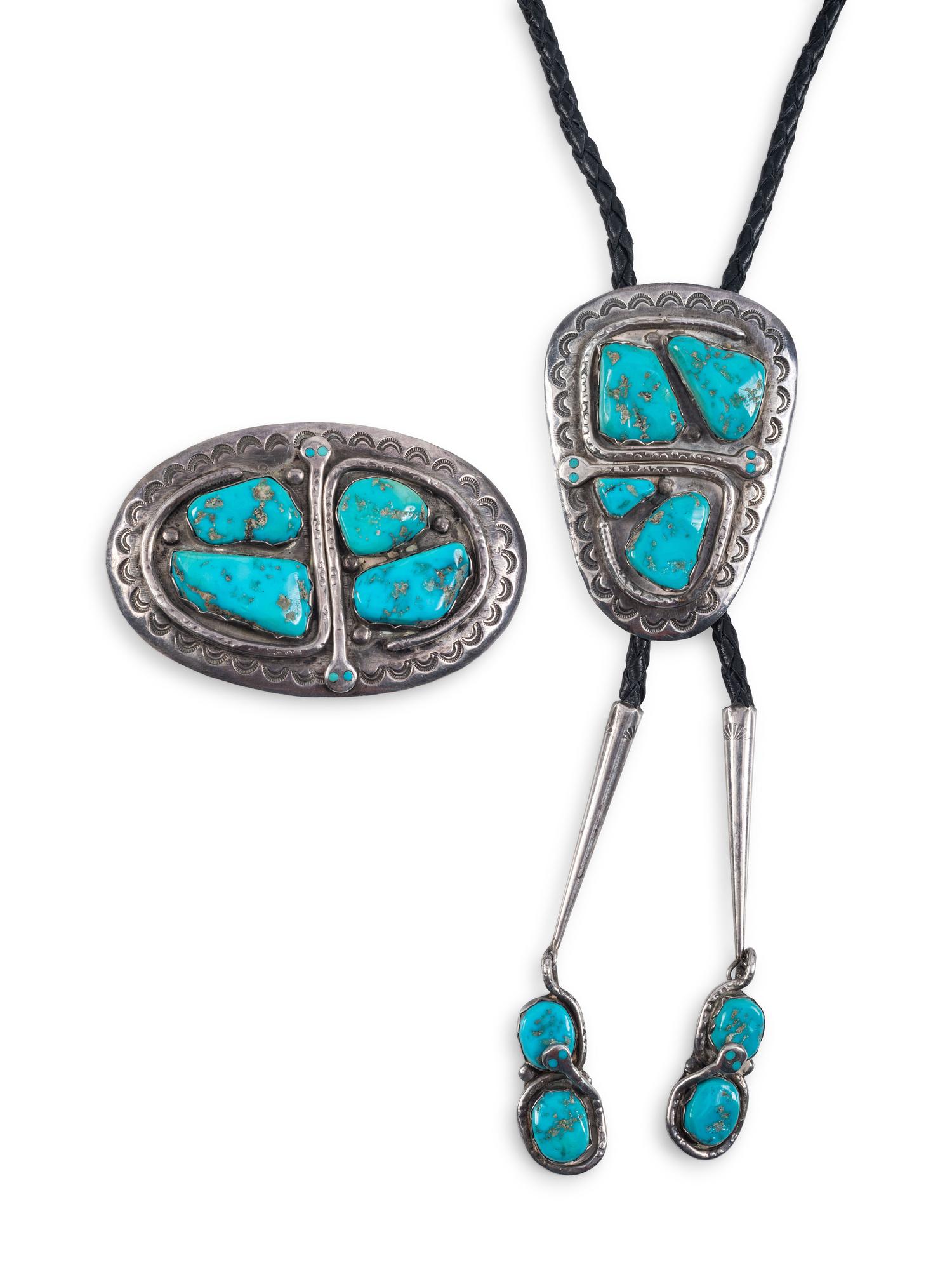 Sterling Silver and Turquoise Serpent Belt Buckle and Bolo Set