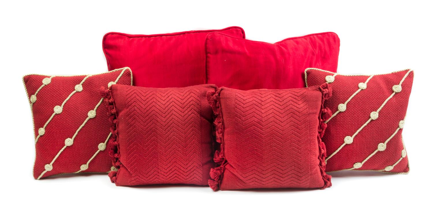 A Group of Six Decorative Pillows First: 16 x 16 inches.