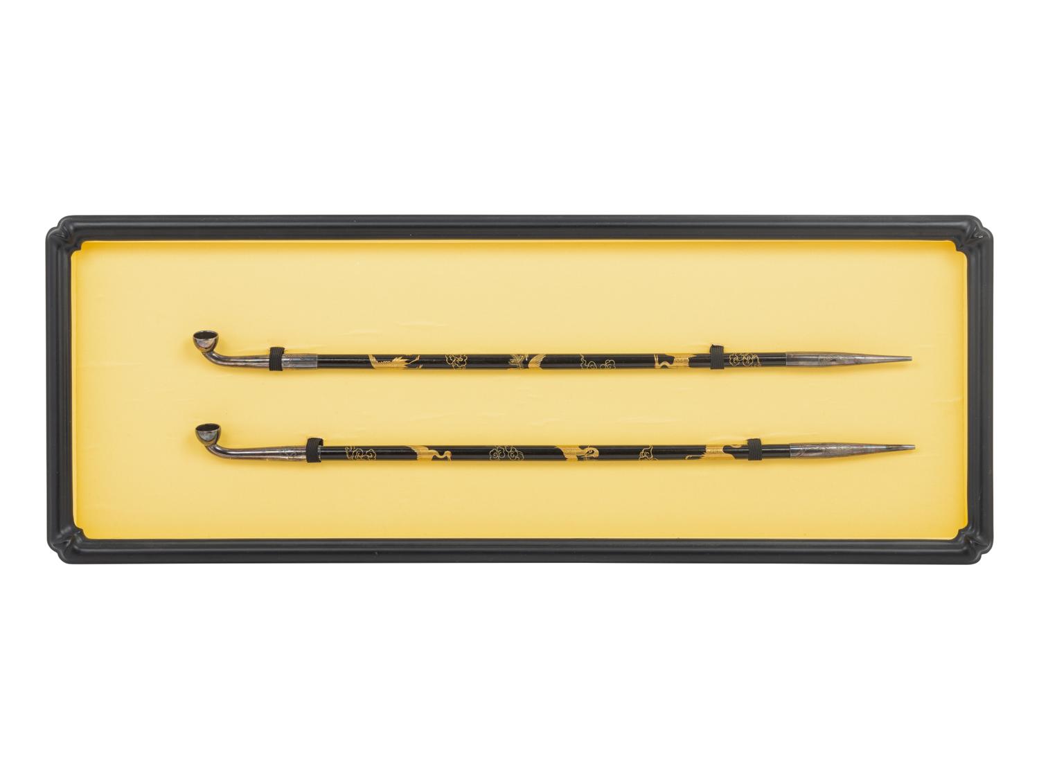 Two Japanese Silver and Lacquered Wood Pipes