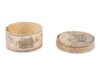 An Unusual Scrimshaw Panbone Oval Ditty Box With Engraved Surfaces and Panbone Bottom