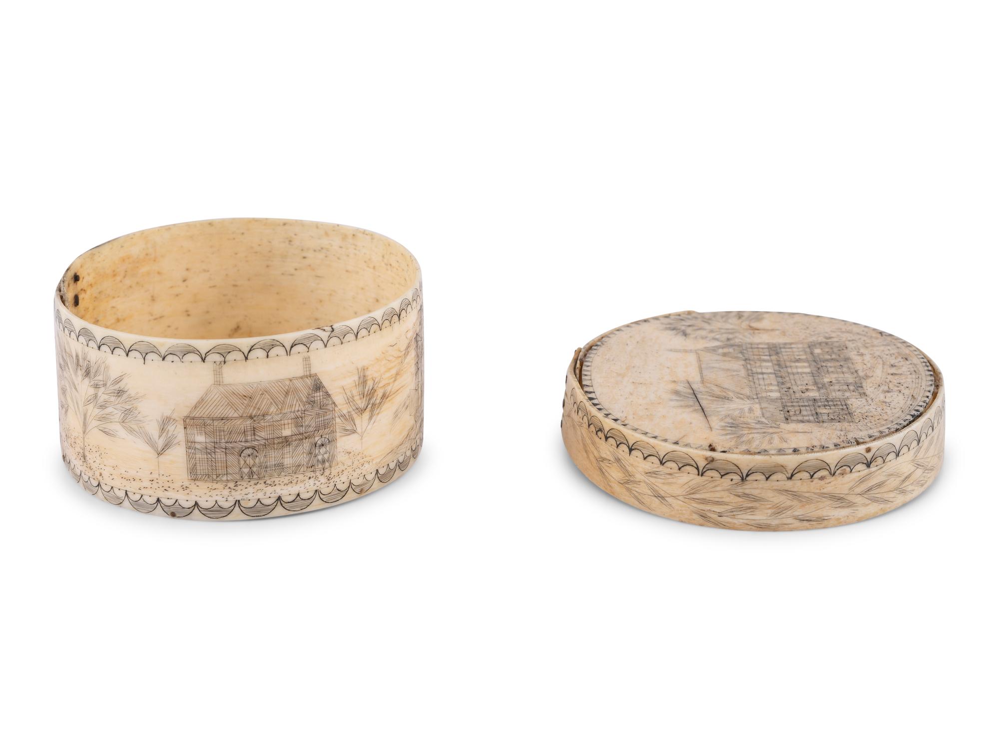 An Unusual Scrimshaw Panbone Oval Ditty Box With Engraved Surfaces and Panbone Bottom