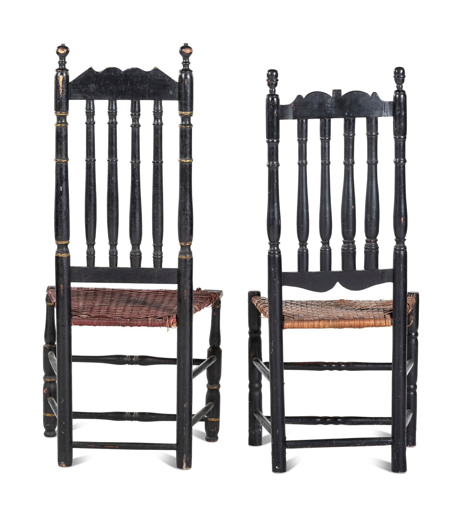 Two William and Mary Black Painted Bannister Back Splint Seat Side Chairs
