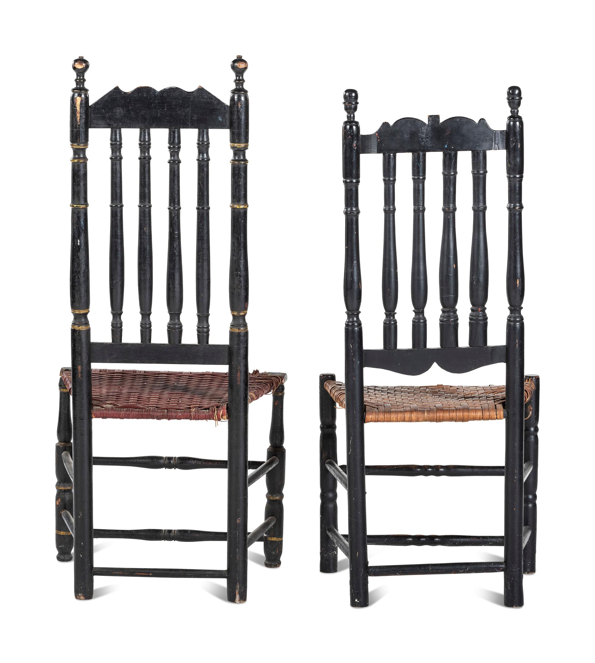 Two William and Mary Black Painted Bannister Back Splint Seat Side Chairs