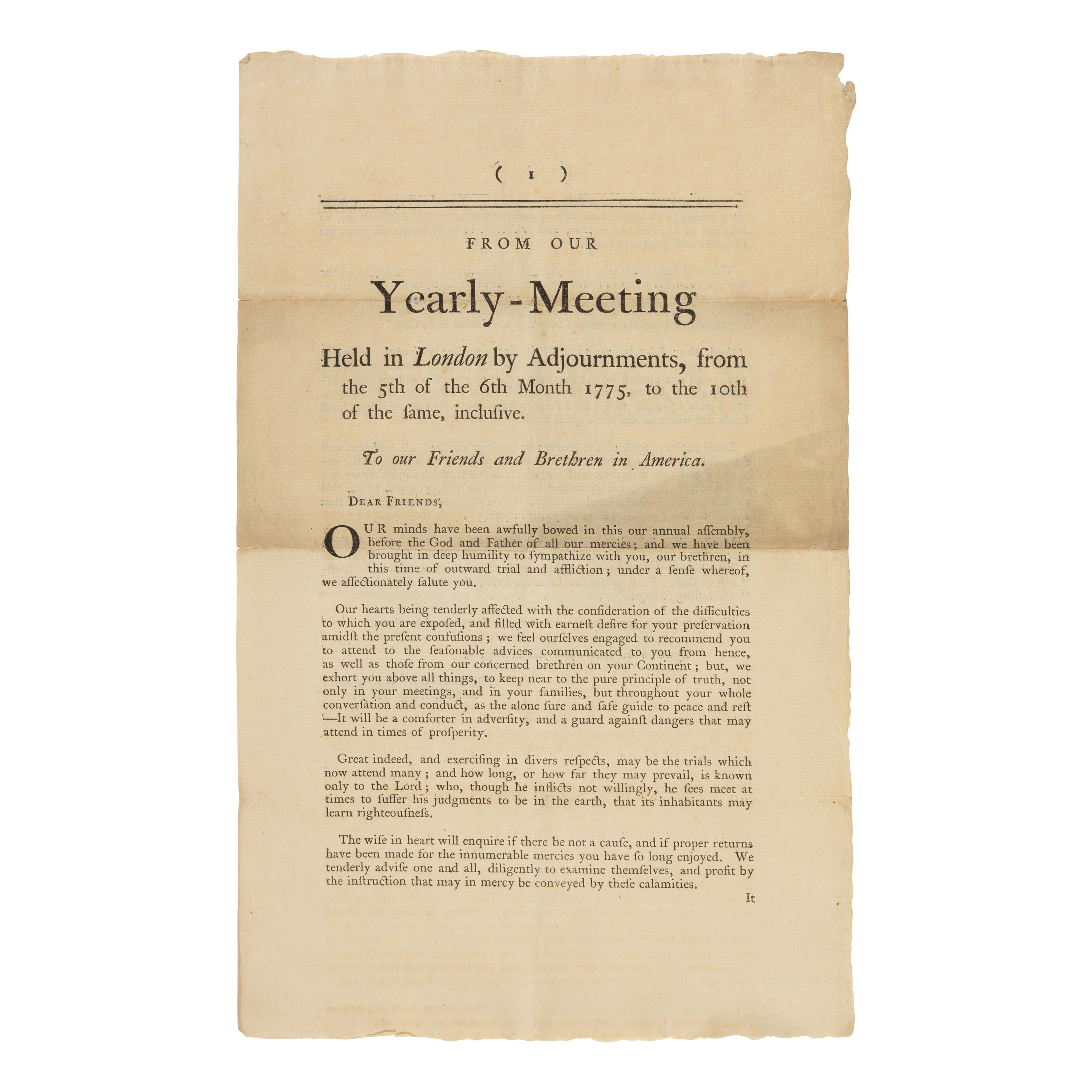 [Quakers] Docwra, Joseph. From Our Yearly-Meeting, Held in London by Adjournments, from the 5th of the 6th Month 1775, to the 10th of the Same