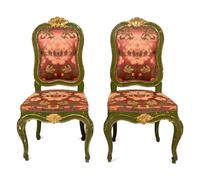 A Pair of Continental Green-Painted and Parcel-Gilt Side Chairs