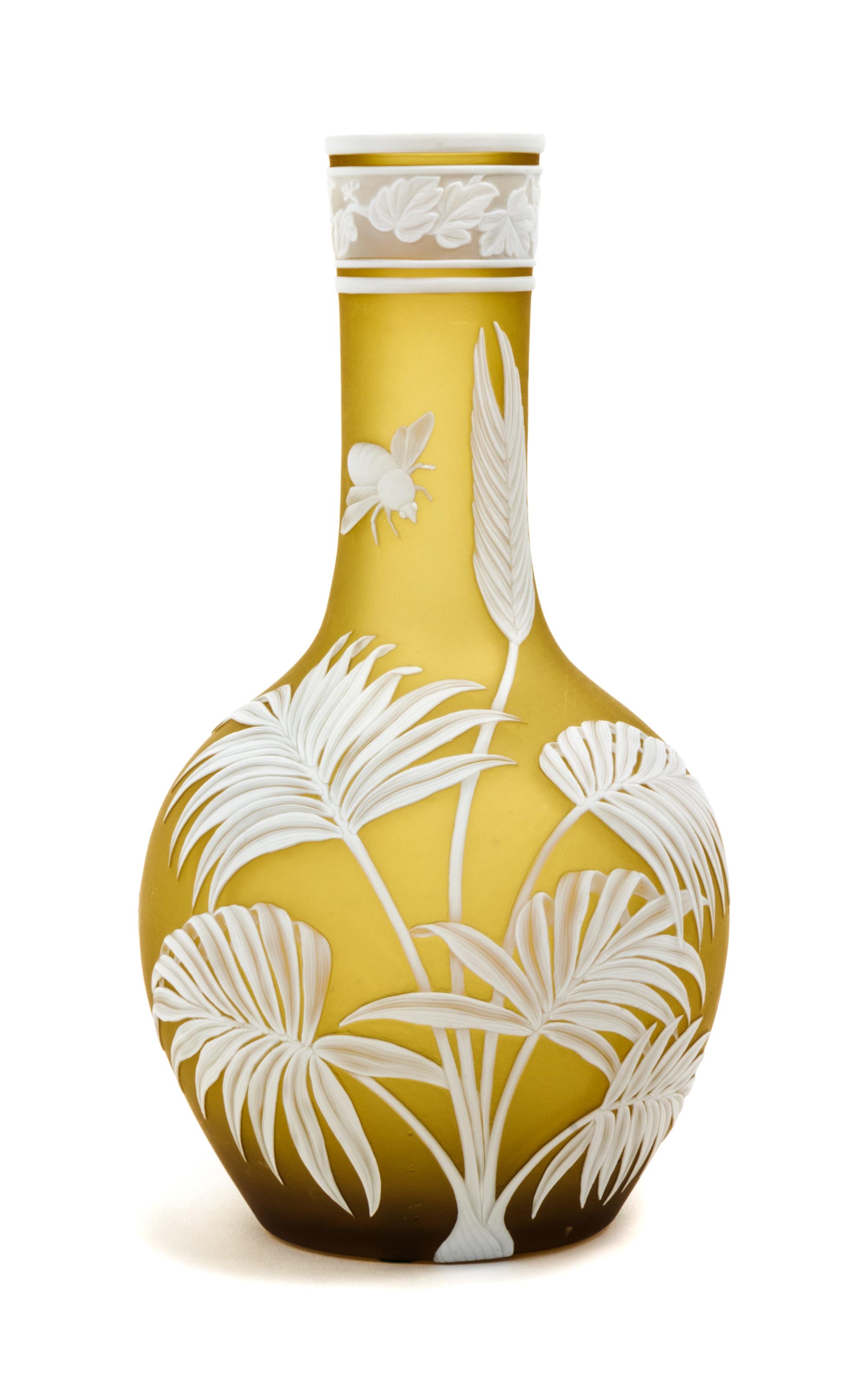 English, LATE 19TH CENTURY, a cameo glass vase, of bottle form with fern and insect decoration