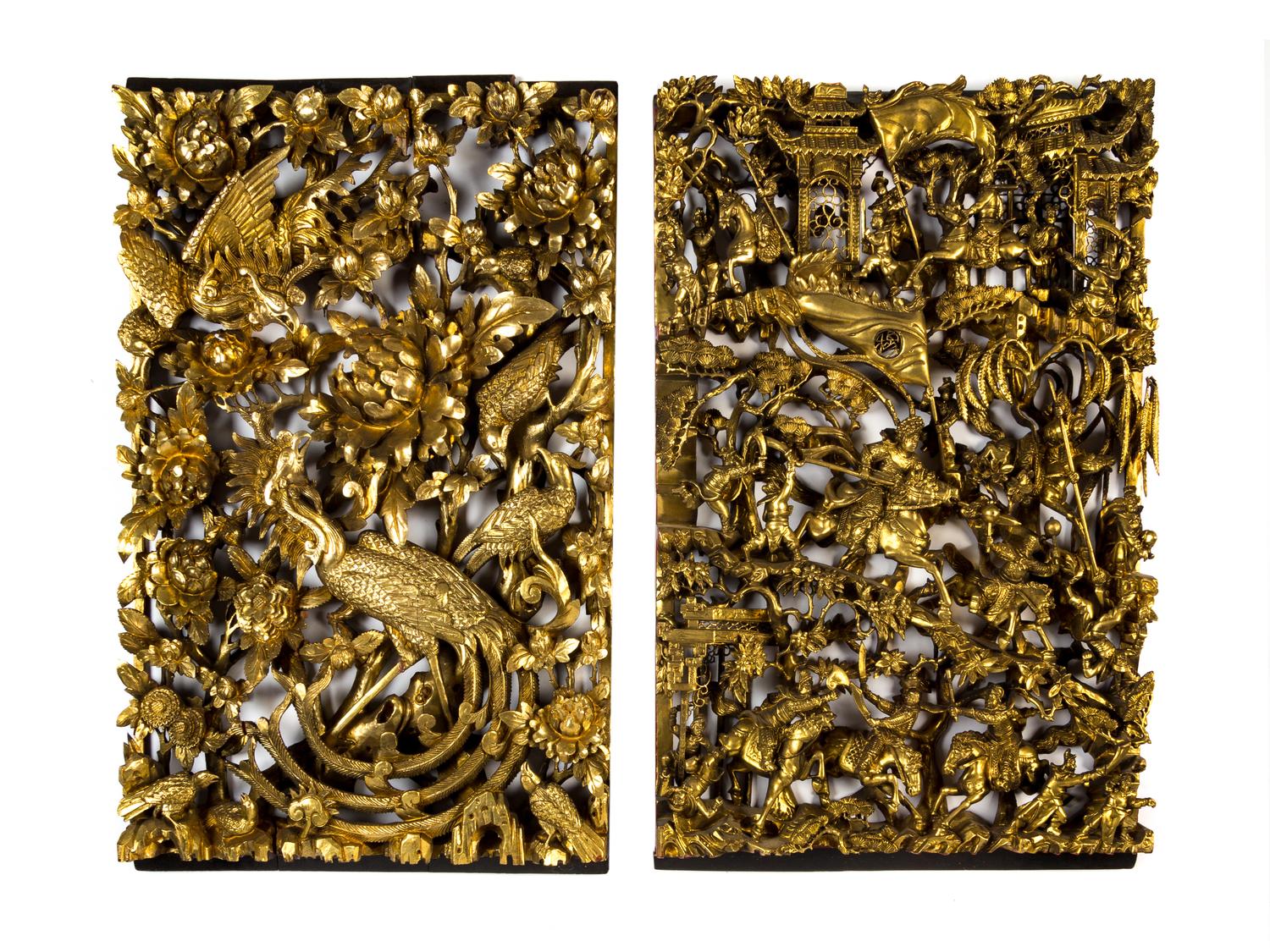 Two Chinese Gilt Decorated Carved Wood Wall Panels