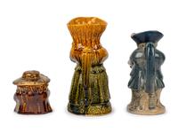 Two Toby Jugs and a Squat Toby Covered Tobacco Jar with Treacle Glaze