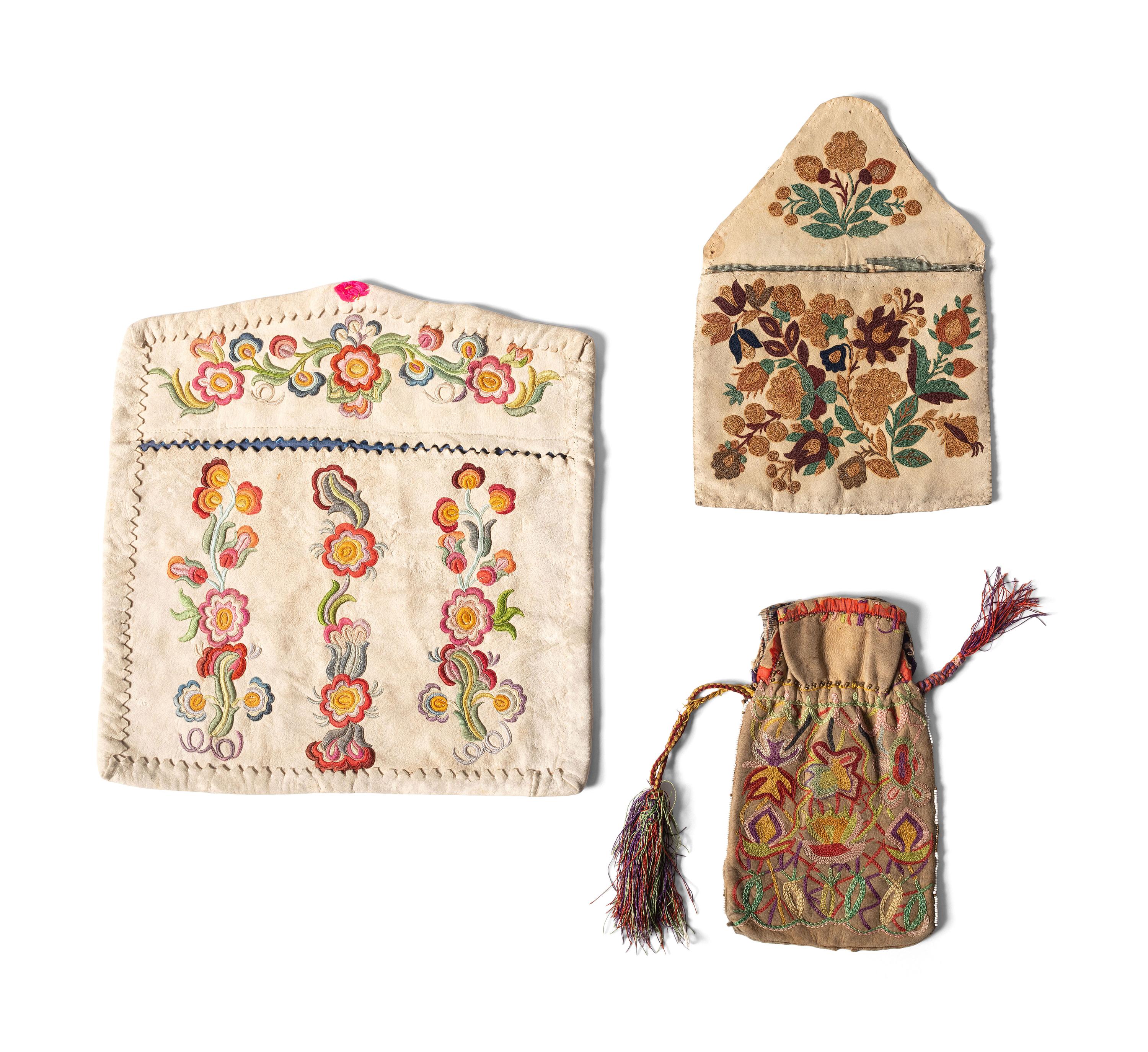 Haudenosaunee Embroidered Hide Pouches and Wall Pockets