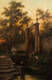 Continental School, Late 19th/Early 20th Century Untitled (Figures on Garden Bridge) oil on canvas
