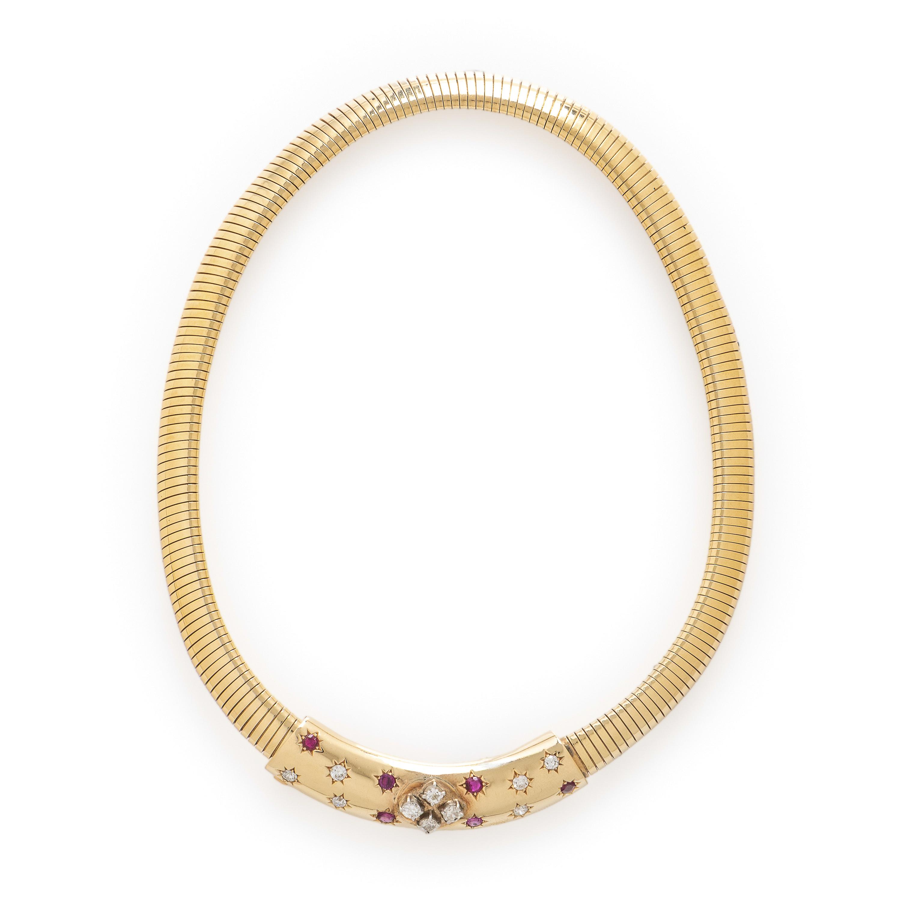 Diamond, Ruby, and Yellow Gold Tubogas Necklace
