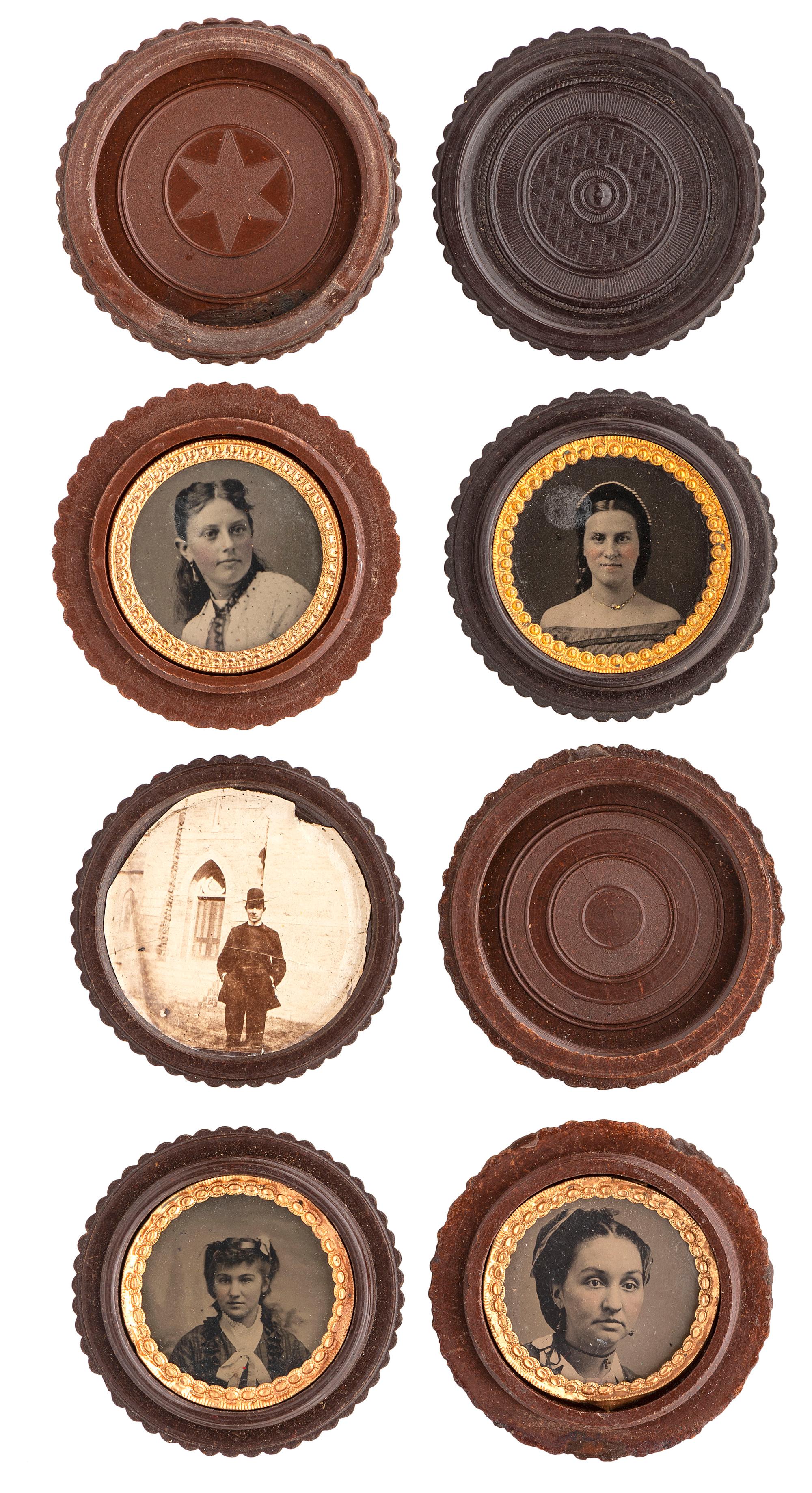 [EARLY PHOTOGRAPHY - UNION CASES]. A collection of 12 "oreo" cases in assorted colors containing tintypes of women with interesting hairstyles and accessories, including: