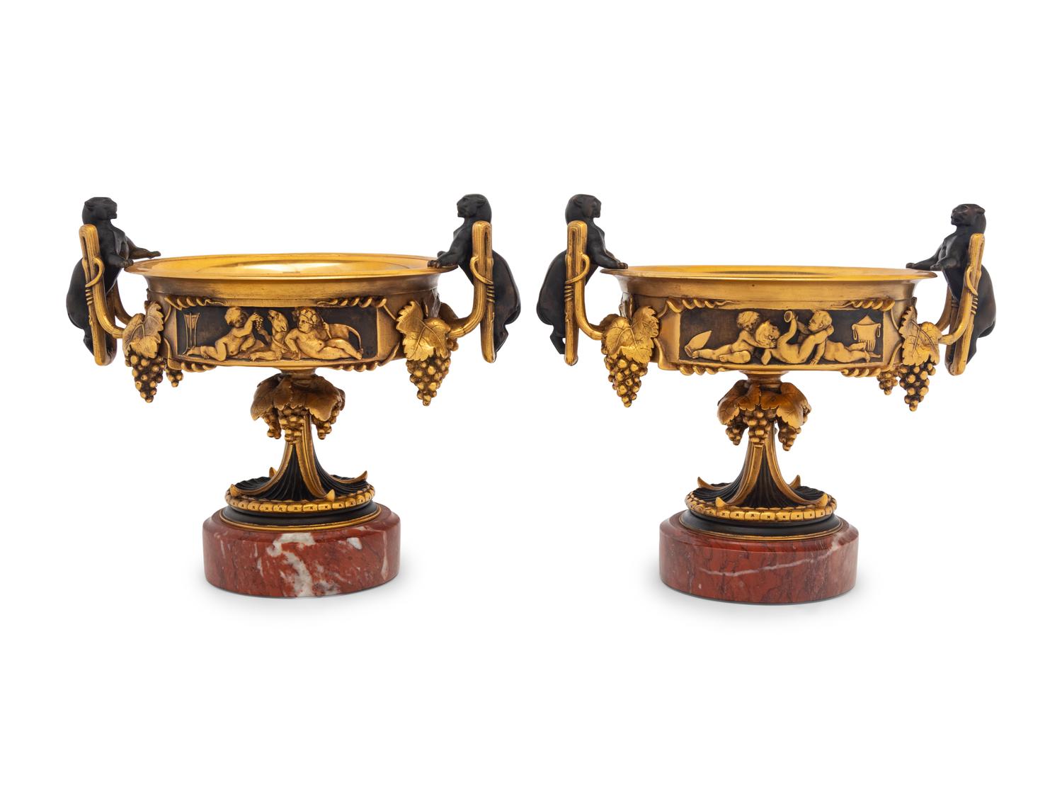 A Pair of Continental Gilt and Patinated Bronze Tazze