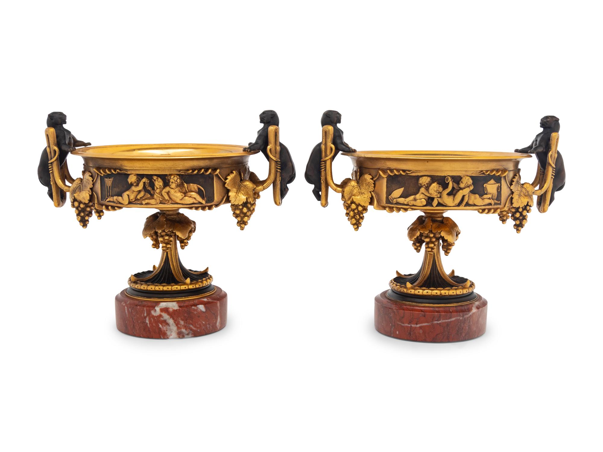 A Pair of Continental Gilt and Patinated Bronze Tazze