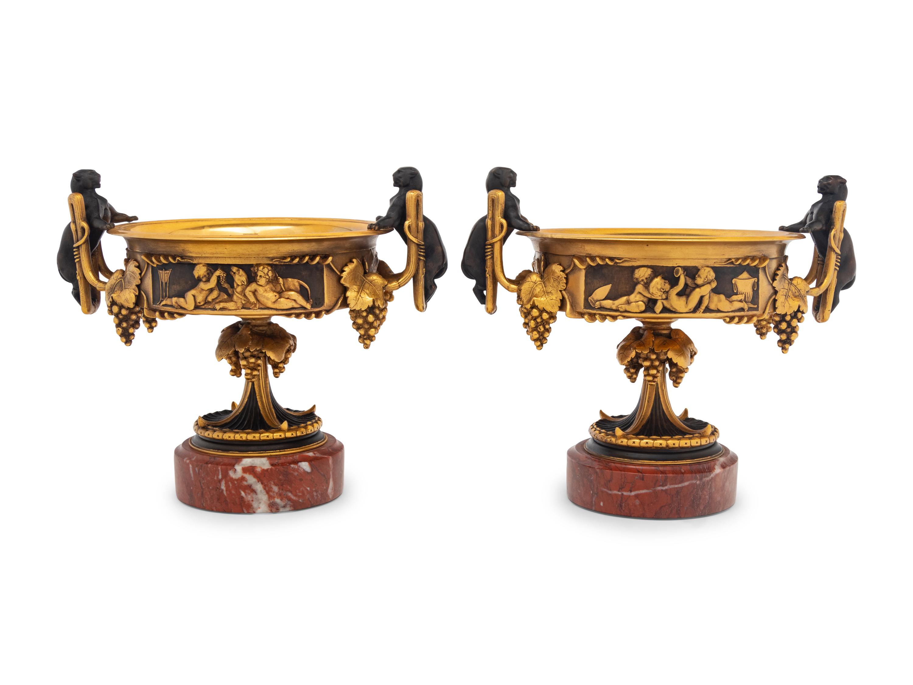 A Pair of Continental Gilt and Patinated Bronze Tazze