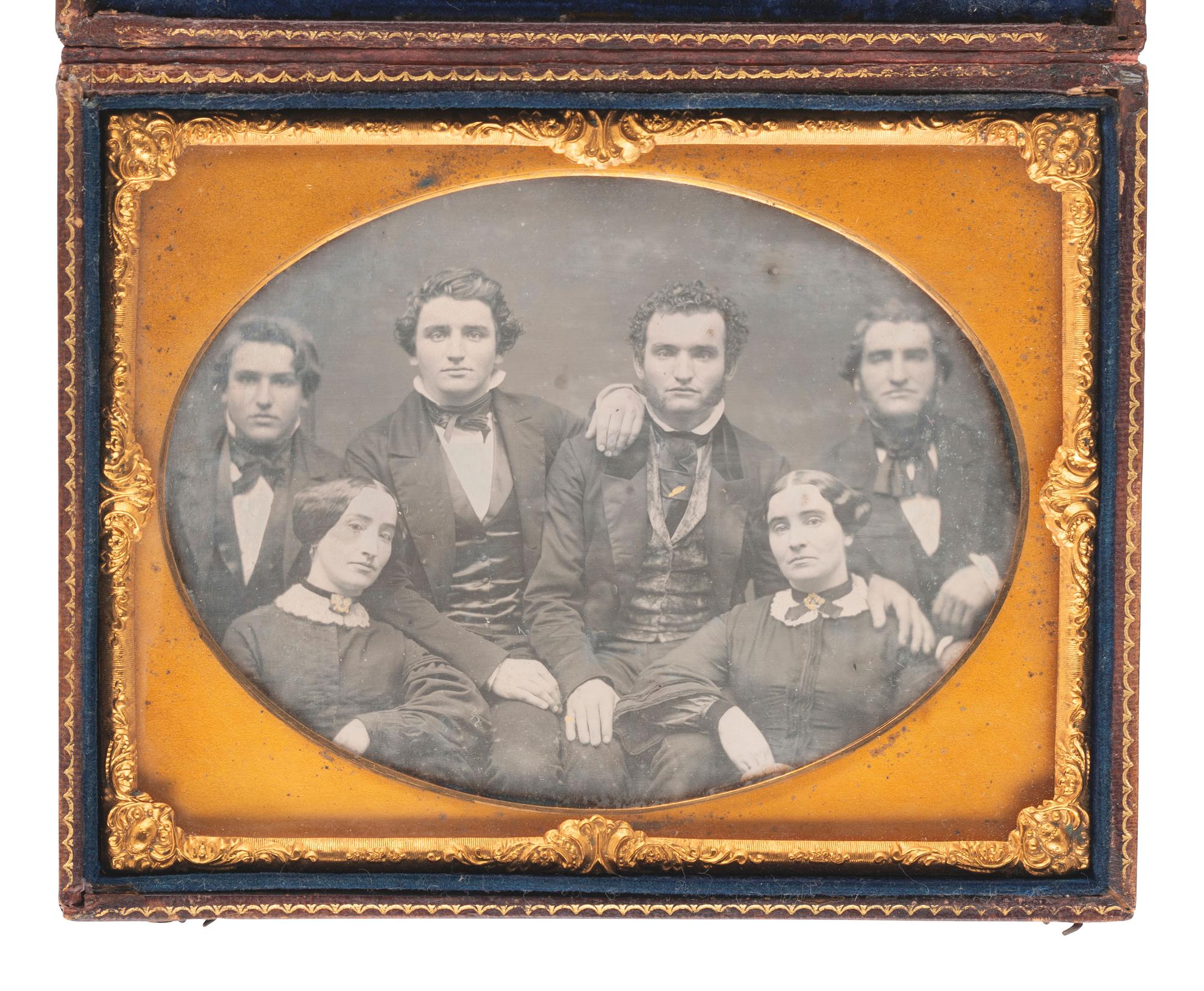 [EARLY PHOTOGRAPHY]. 6 half plate daguerreotypes highlighted by group portrait of 6 subjects.